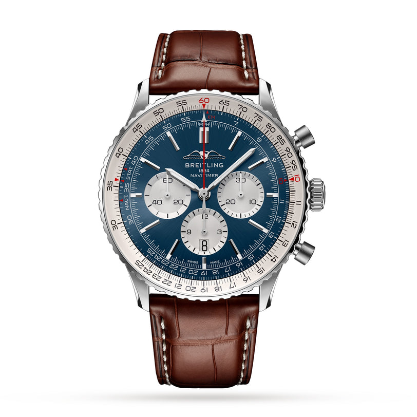 The Breitling Navitimer B01 Chronograph 46 features a blue dial with three subdials, a silver bezel, and a brown leather strap.