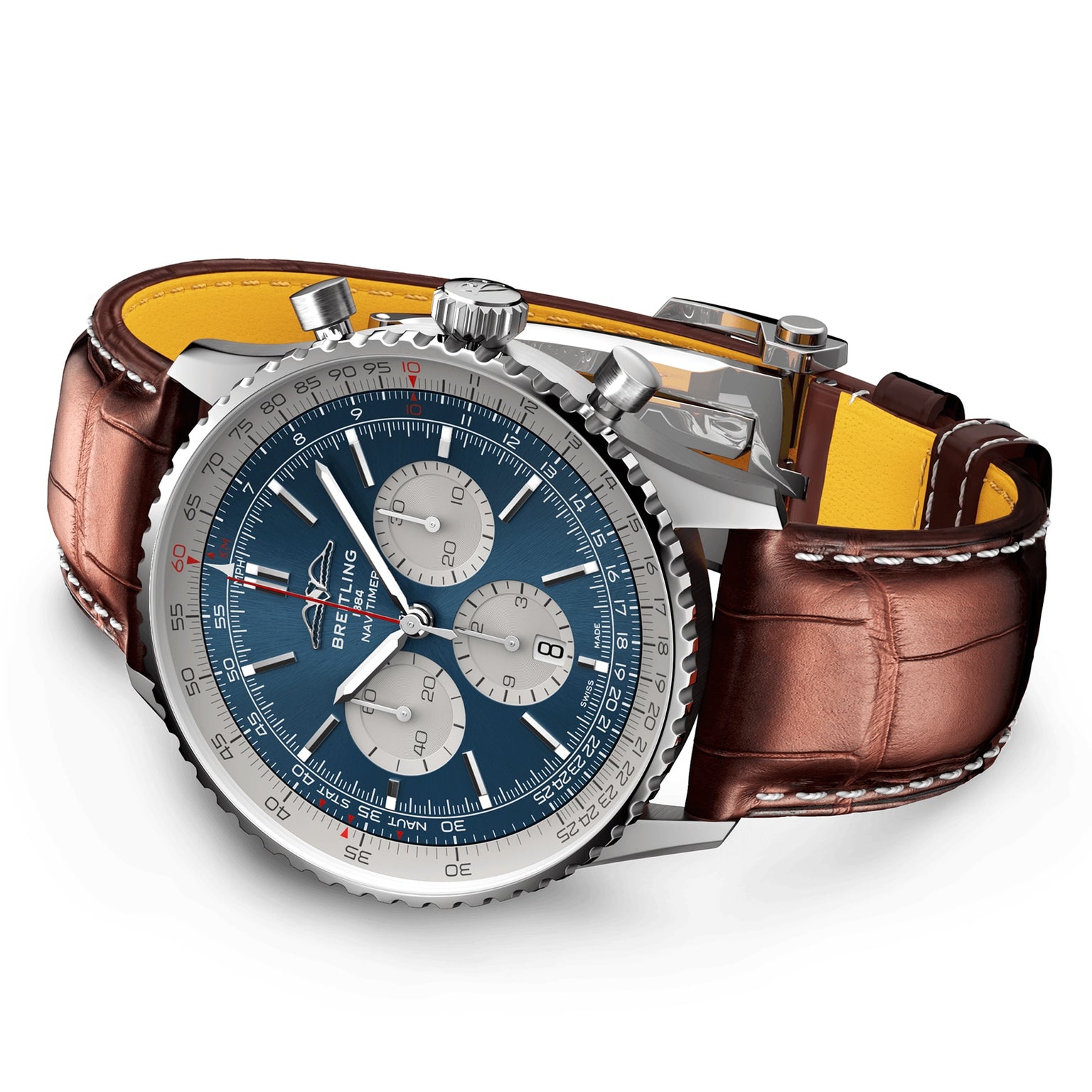 A Breitling Navitimer B01 Chronograph 46 wristwatch with a blue dial, three subdials, silver case, and brown leather strap with white stitching, displayed at an angle.