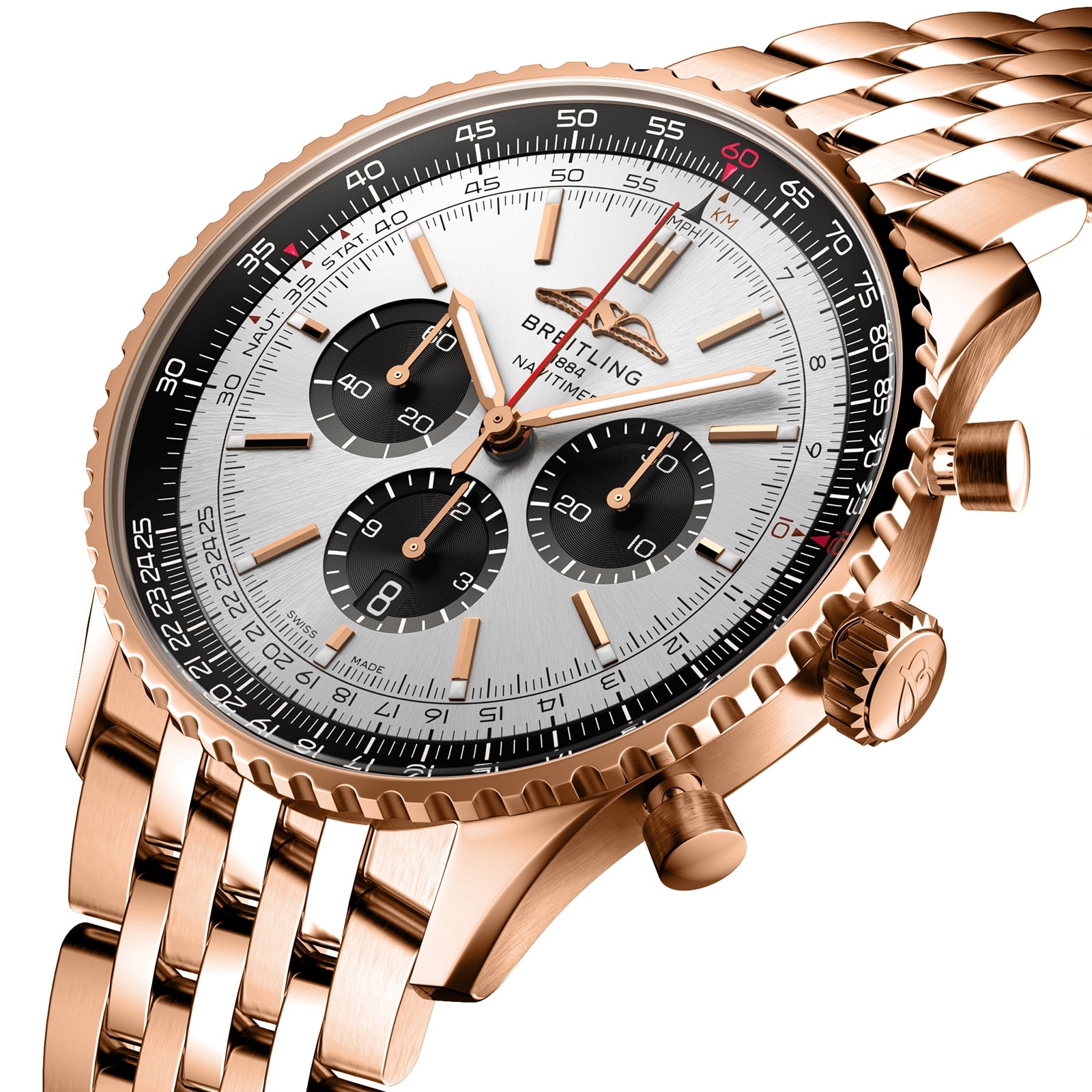 A close-up of the Breitling Navitimer B01 Chronograph 46 in rose gold, featuring a silver dial, black subdials, matching metal bracelet, and the renowned Breitling 01 calibre.
