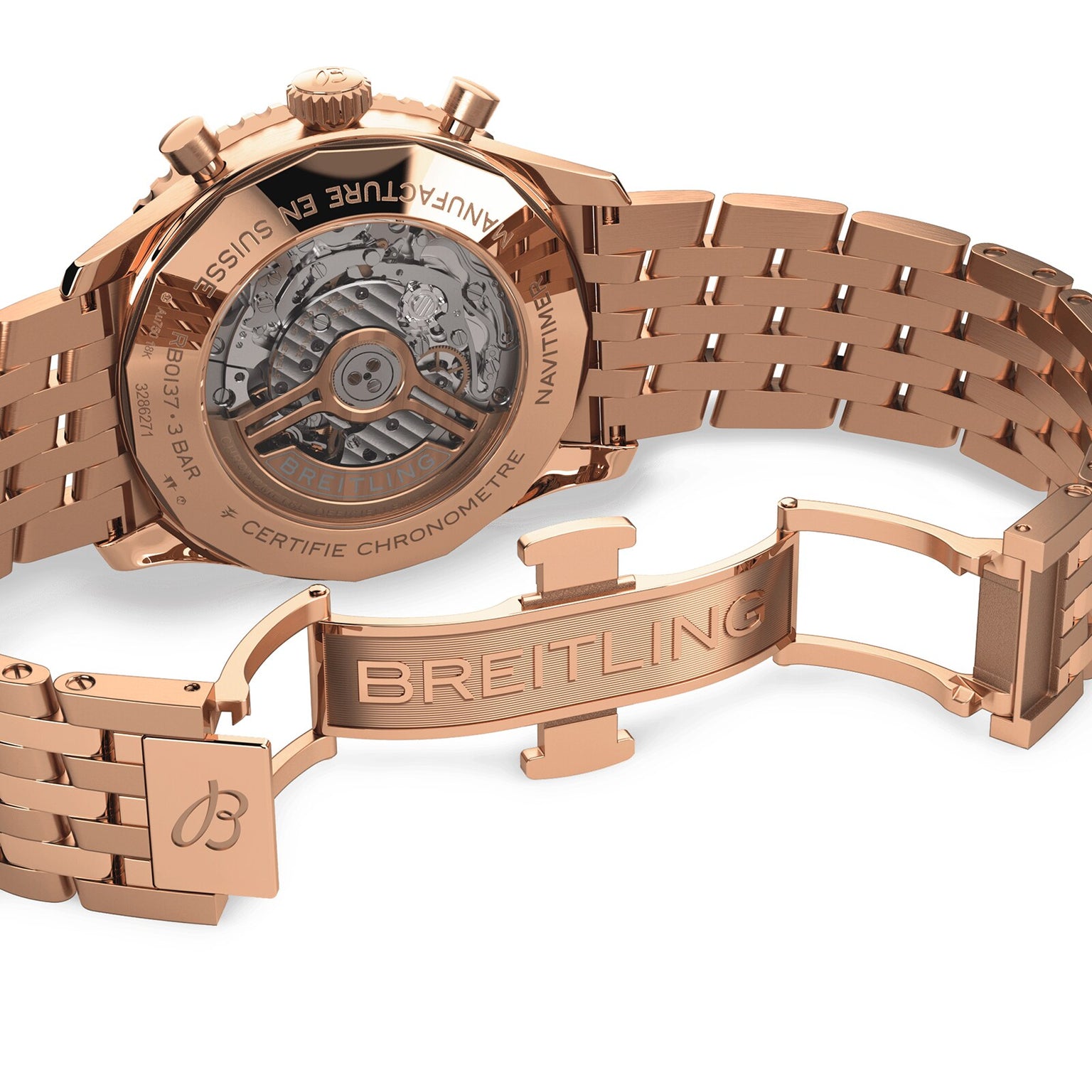 Close-up of the back of the Breitling Navitimer B01 Chronograph 46, highlighting its exposed mechanical movement and engraved branding on the clasp and case back.
