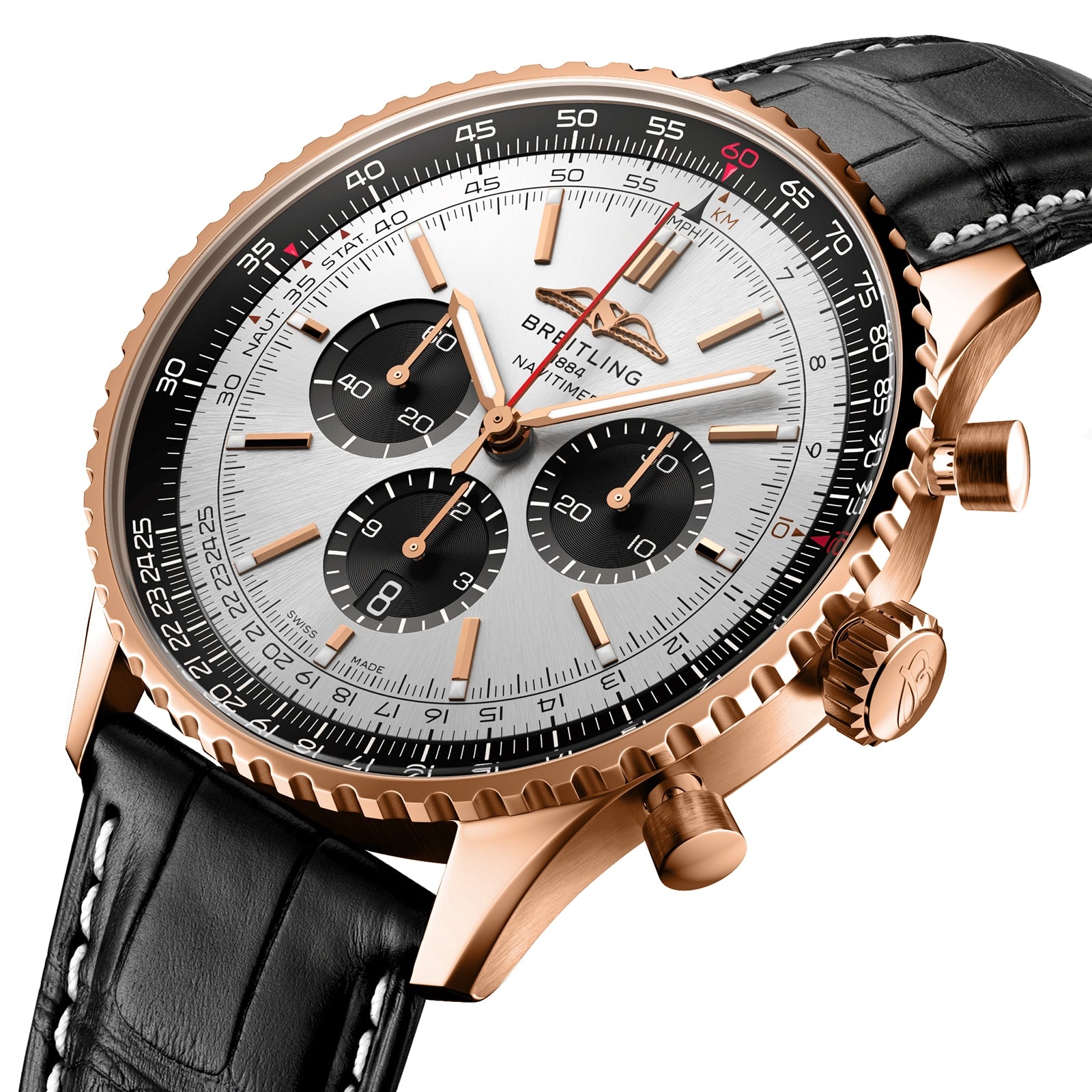 The Breitling Navitimer B01 Chronograph 46 is a gold watch with a black leather strap and a silver dial featuring three subdials.