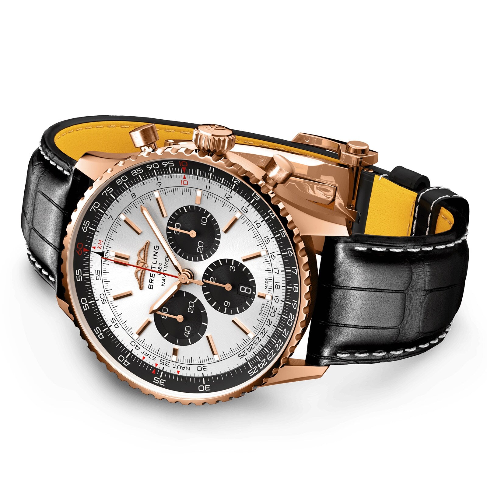 The Breitling Navitimer B01 Chronograph 46 is a luxury watch with a gold case, black leather strap, and white dial featuring three black subdials.