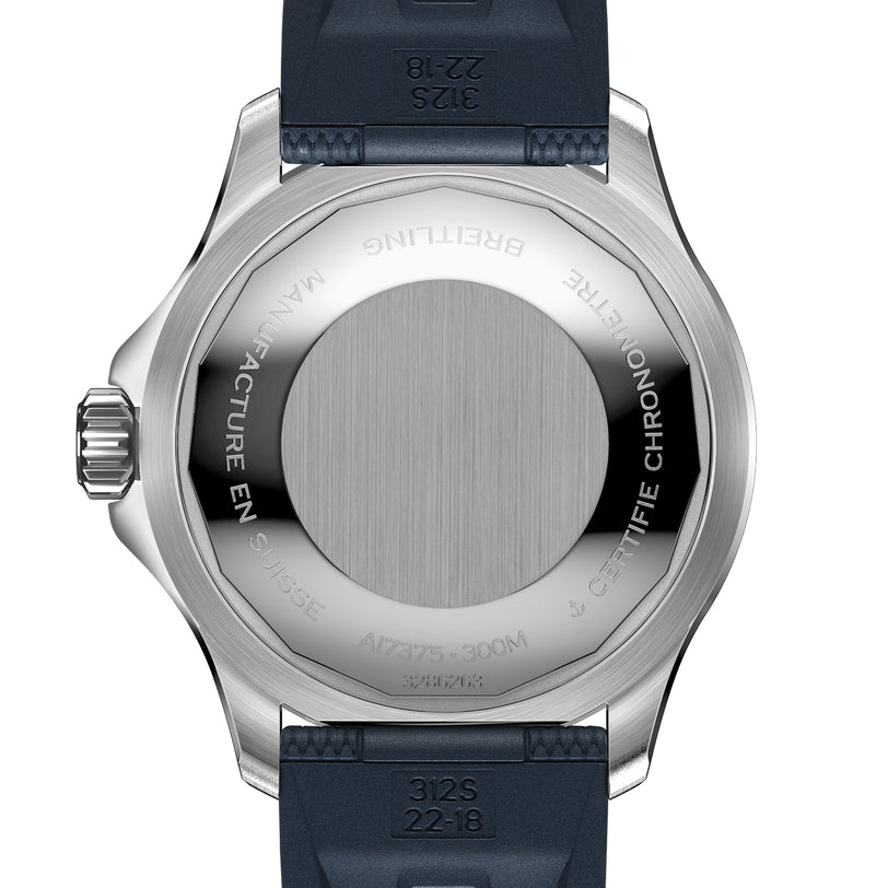 The image shows the back of a Breitling Superocean Automatic 42 watch, marked Swiss-made, water-resistant to 300m, powered by a Breitling 17 calibre, and fitted with a dark strap.