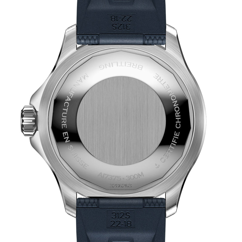 The back of the Breitling Superocean Automatic 42 showcases an engraved metal case, blue rubber strap, and displays water resistance, model numbers, and the Breitling 17 calibre.