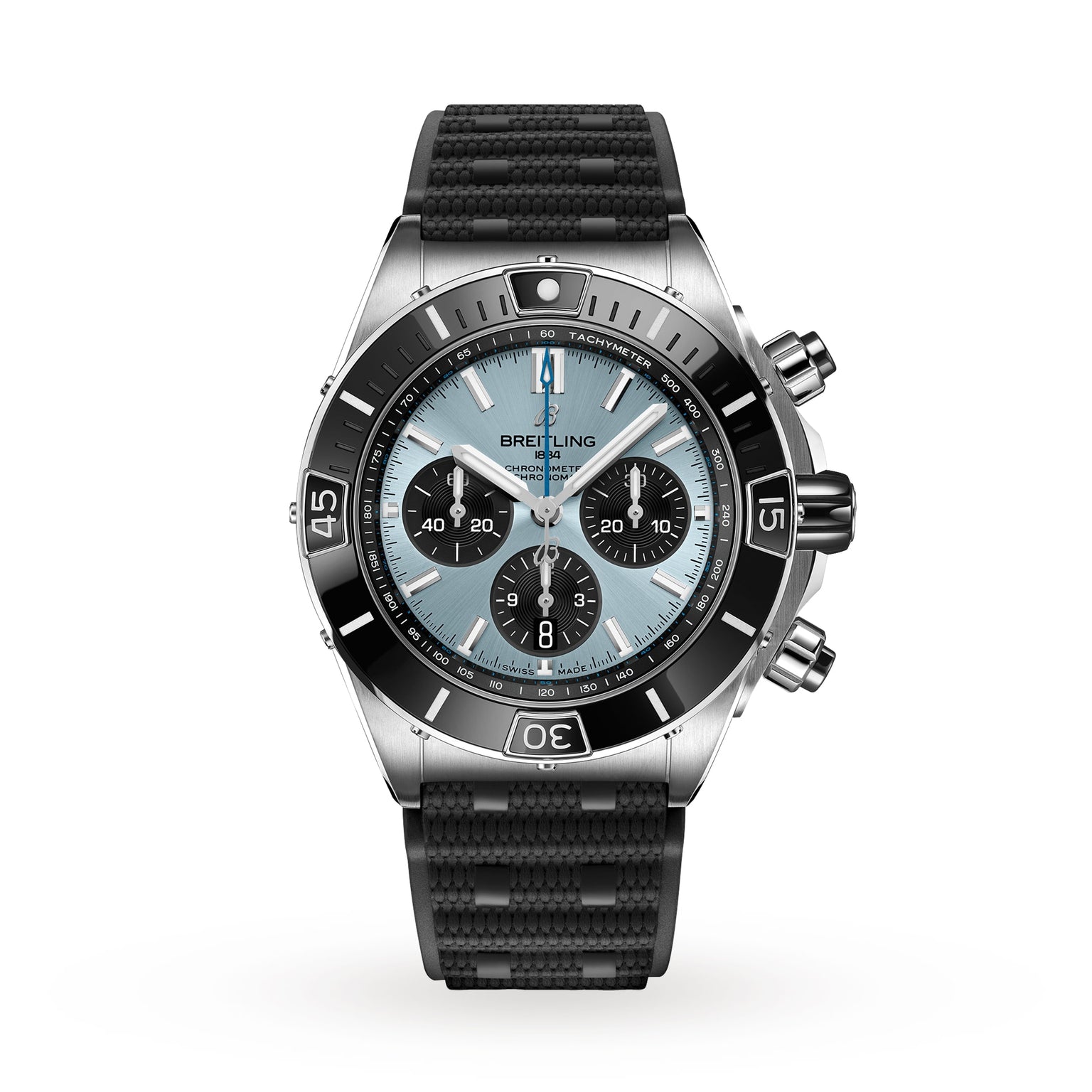 A Breitling Super Chronomat B01 44 in silver featuring a light blue dial, black subdials and bezel, plus a textured black Rouleaux strap, displayed on a white background.
