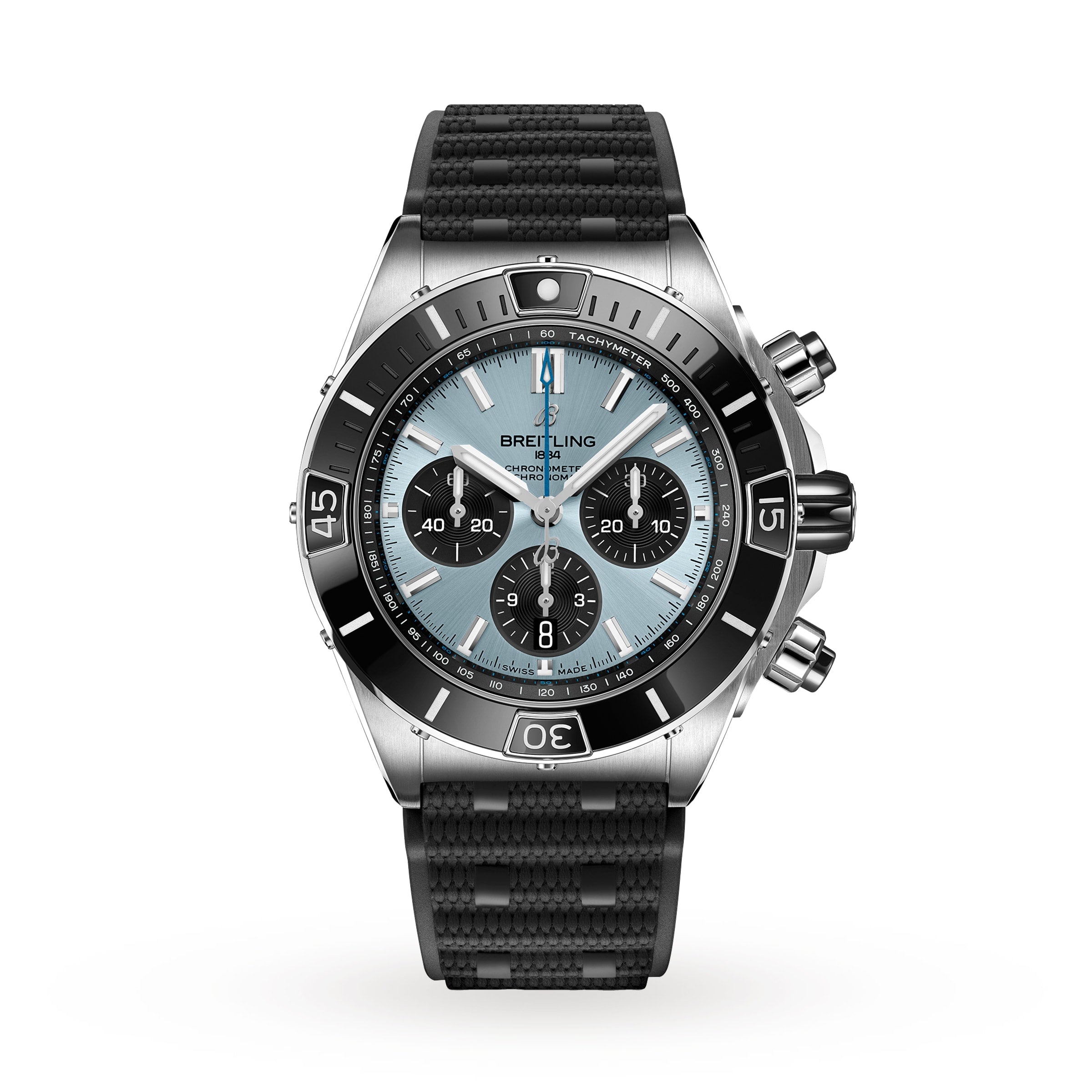 A Breitling Super Chronomat B01 44 in silver featuring a light blue dial, black subdials and bezel, plus a textured black Rouleaux strap, displayed on a white background.