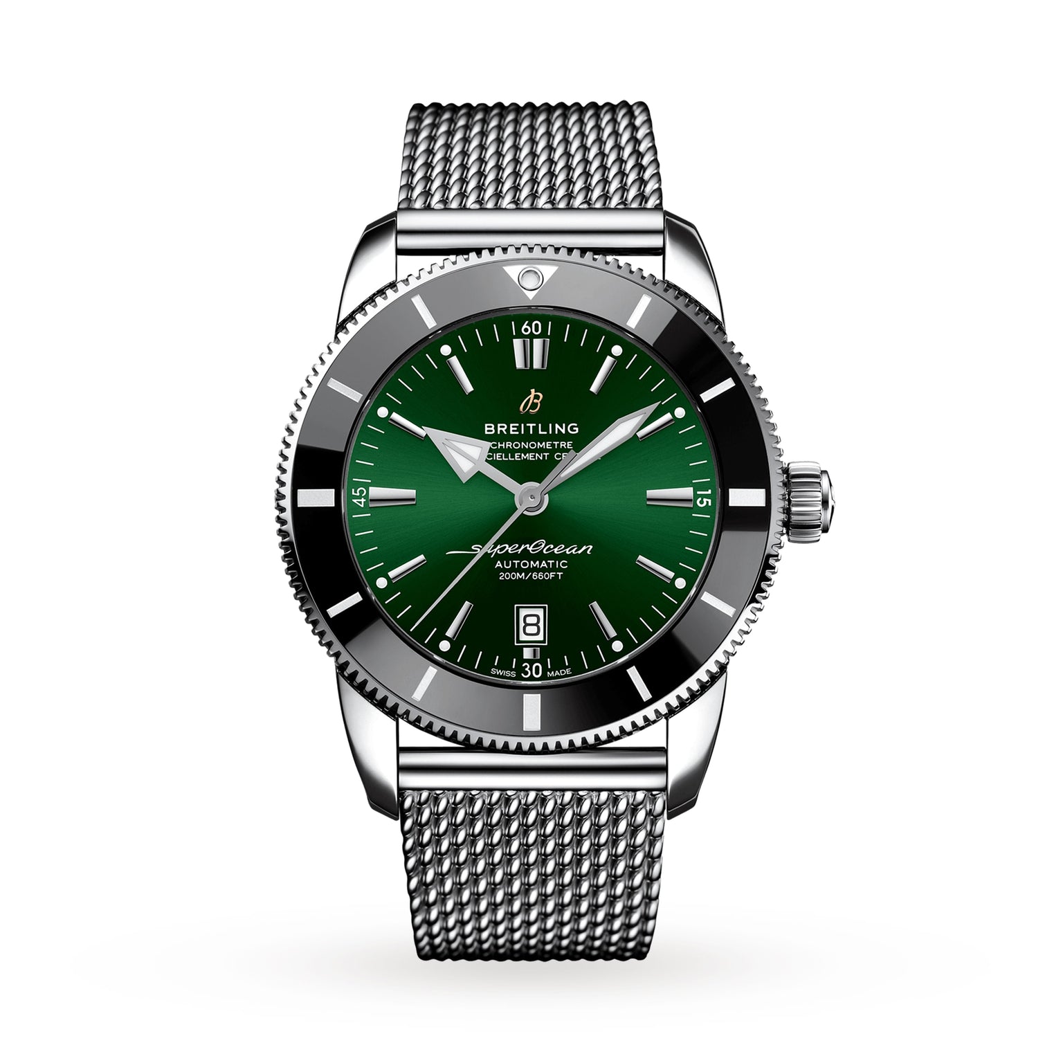 The Breitling Superocean Heritage B20 Automatic 46 features a 46mm stainless steel case, green dial, date at 6 o’clock, white hour markers, and a silver mesh strap.