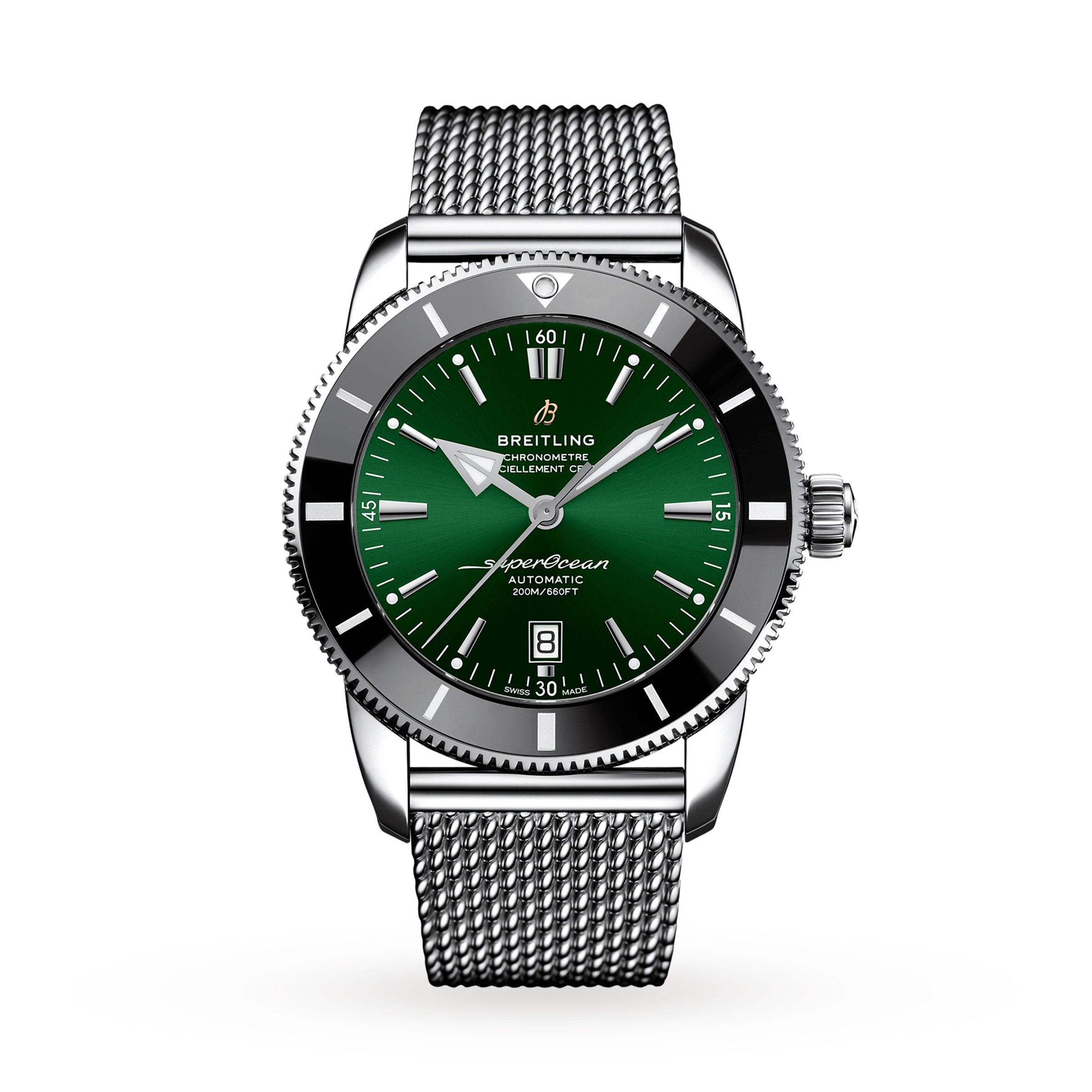 The Breitling Superocean Heritage B20 Automatic 46 features a 46mm stainless steel case, green dial, date at 6 o’clock, white hour markers, and a silver mesh strap.