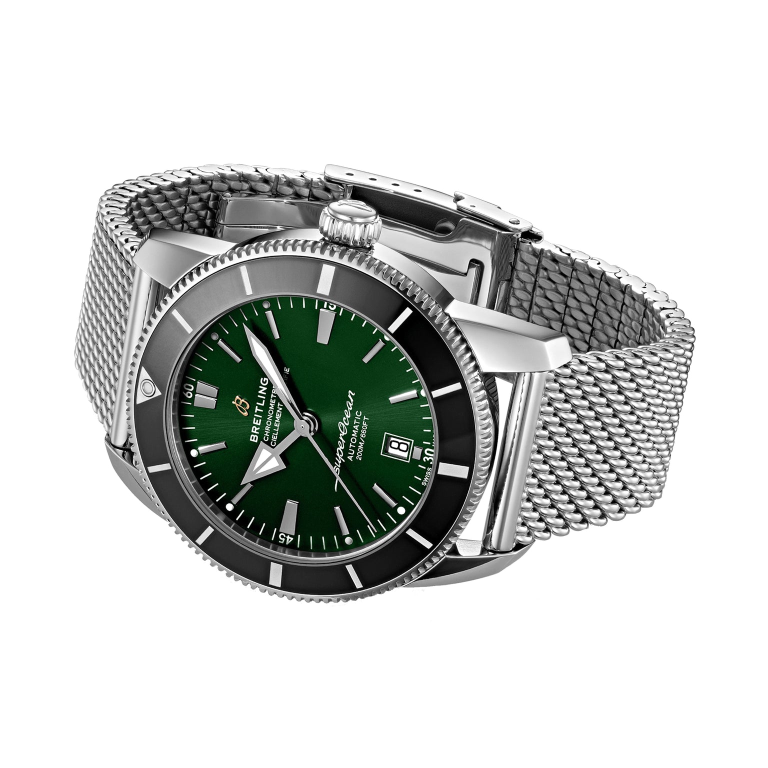 The Breitling Superocean Heritage B20 Automatic 46 features a 46mm stainless steel case, green dial, date display, black bezel, and mesh metal bracelet. It is displayed on a white background.