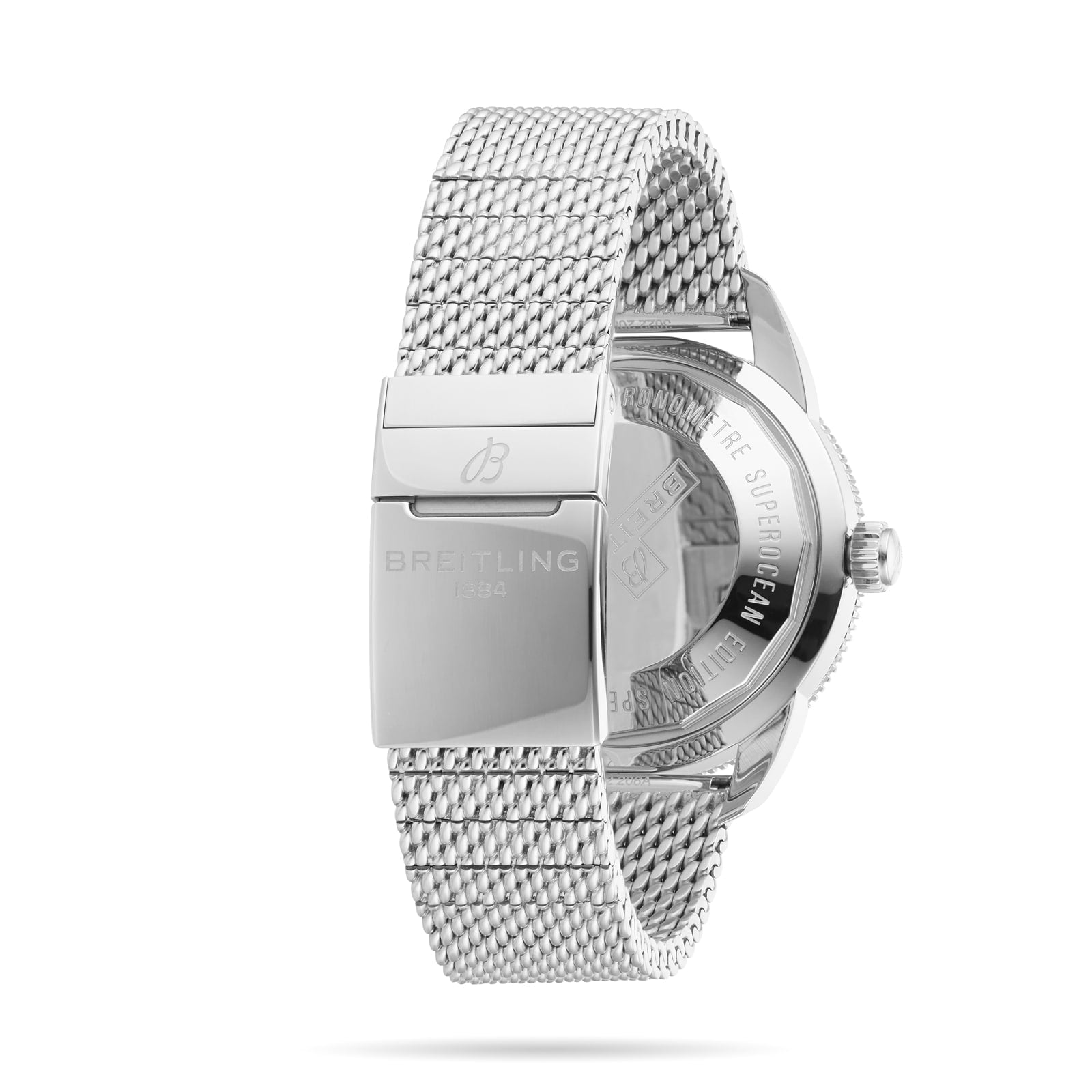 Back view of the Breitling Superocean Heritage B20 Automatic 46 with a 46mm stainless steel case, mesh bracelet, engraved clasp, and visible case back inscriptions.