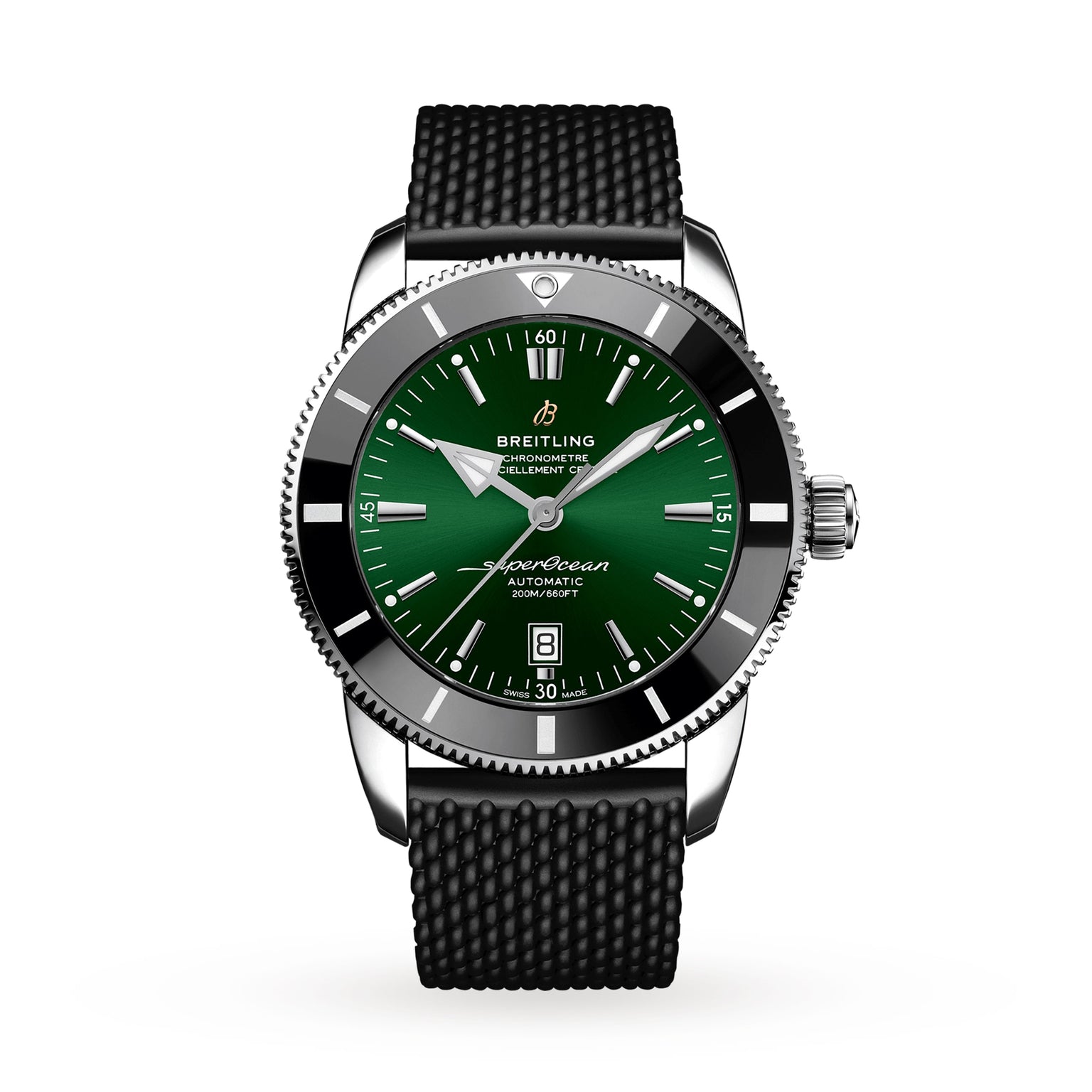 The Breitling Superocean Heritage B20 Automatic 46 features a green dial, silver hour markers, black bezel, date at 6 o’clock, textured black strap, and COSC-certified B20 calibre, displayed on a white background.
