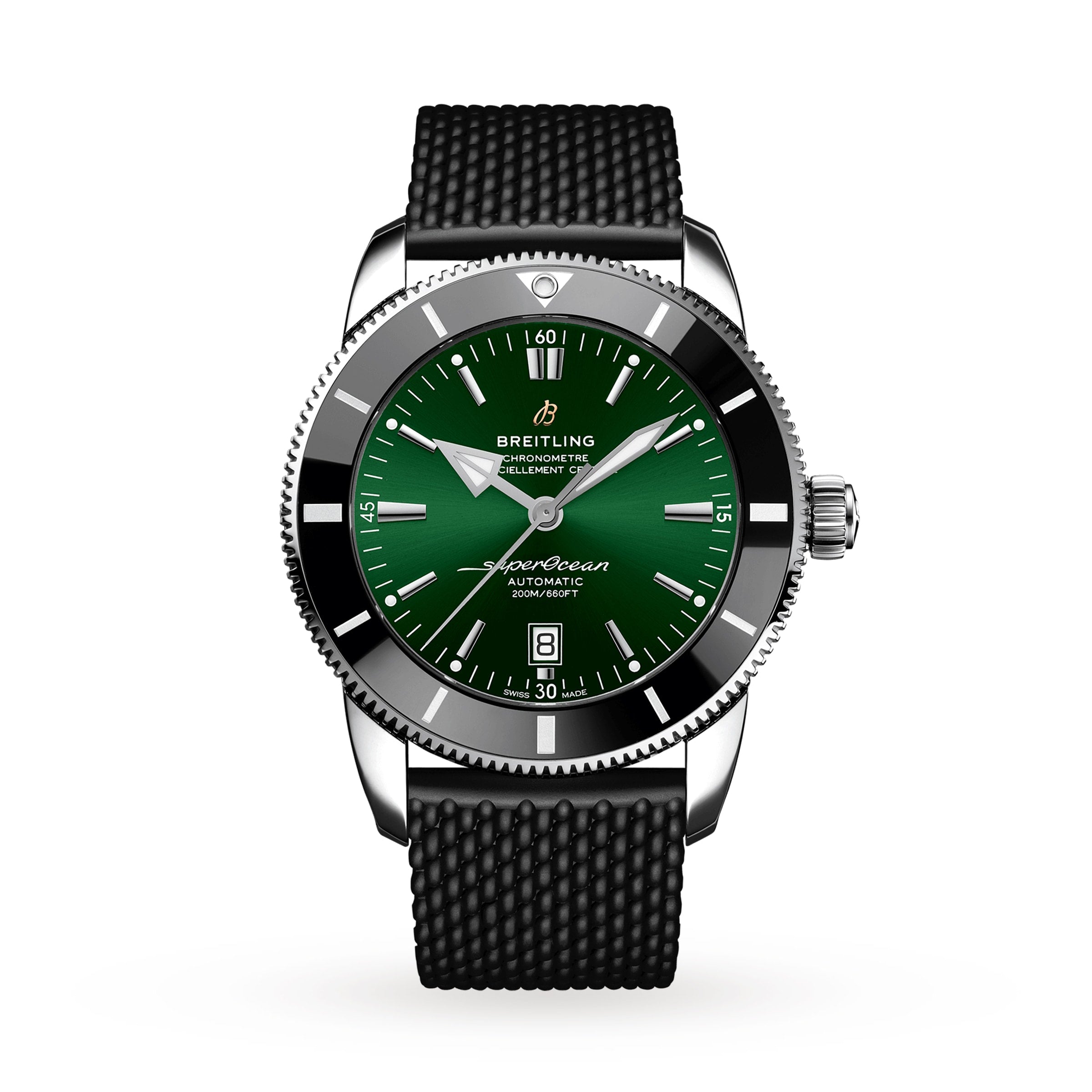 The Breitling Superocean Heritage B20 Automatic 46 features a green dial, silver hour markers, black bezel, date at 6 o’clock, textured black strap, and COSC-certified B20 calibre, displayed on a white background.