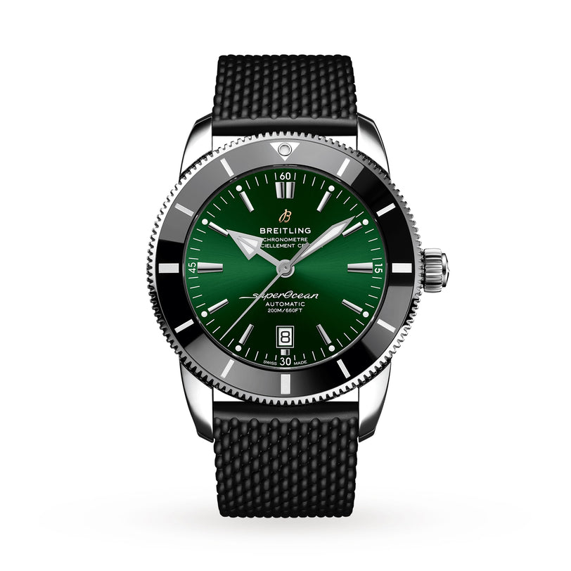 The Breitling Superocean Heritage B20 Automatic 46 features a green dial, silver hour markers, black bezel, date at 6 o’clock, textured black strap, and COSC-certified B20 calibre, displayed on a white background.