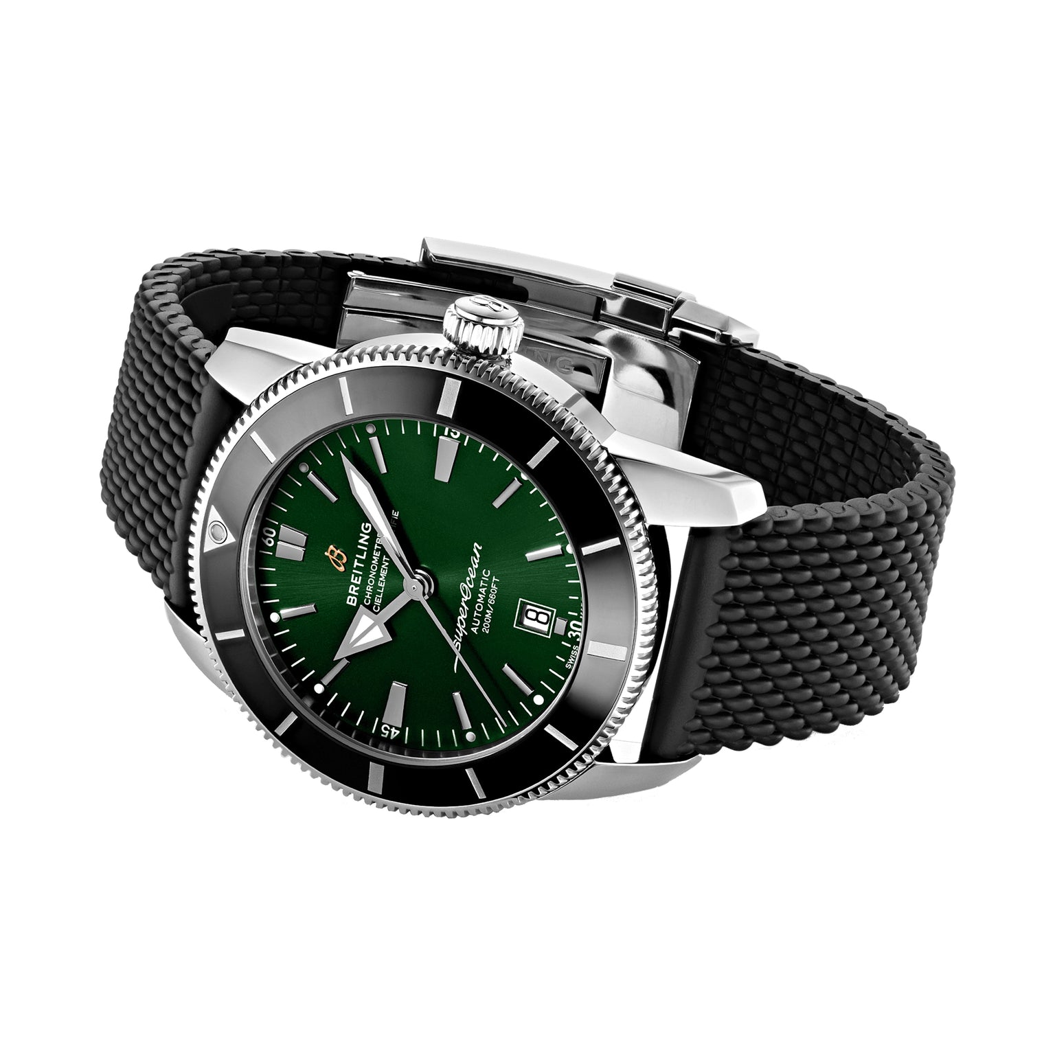 The Breitling Superocean Heritage B20 Automatic 46 features a green dial, silver markers, date at 3 o’clock, black textured strap, COSC-certified B20 calibre, and ridged bezel. Shown angled on a white background.