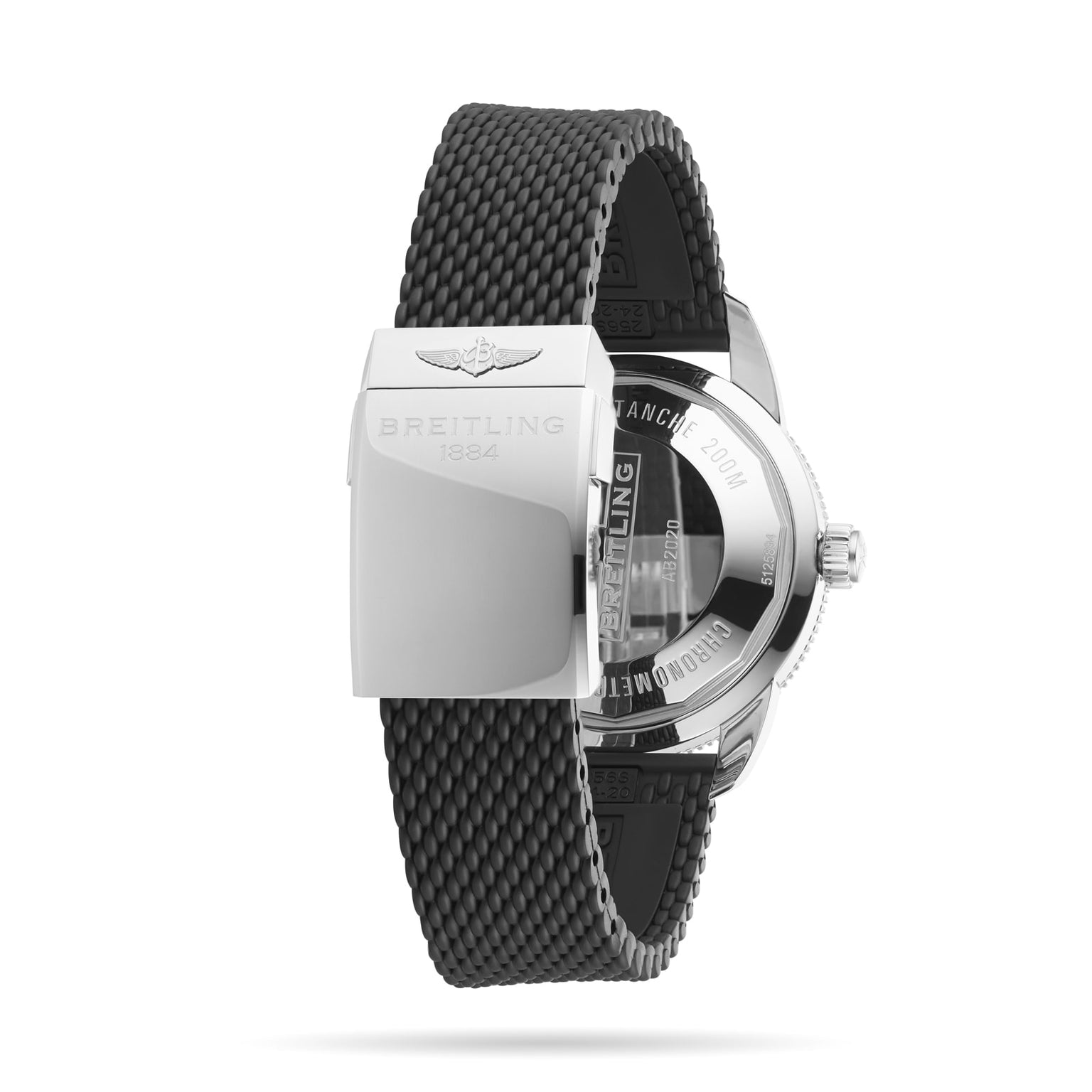 Close-up of the back and clasp of a Breitling Superocean Heritage B20 Automatic 46 with a black textured strap, featuring branded metal details and showcasing its COSC-certified precision.