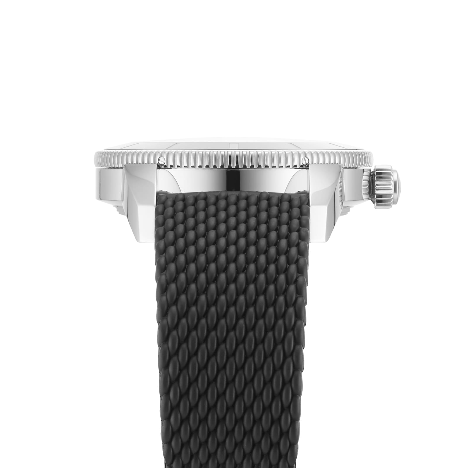 Close-up side view of the Breitling Superocean Heritage B20 Automatic 46, featuring a silver case, textured black strap, visible crown, and COSC-certified B20 calibre, photographed against a white background.