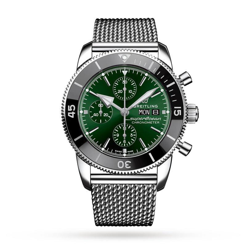 The Breitling Superocean Heritage Chronograph 44 is a stainless steel watch with a green dial, mesh metal bracelet, three subdials, day-date display, and robust Breitling 13 calibre movement inspired by the Superocean collection.