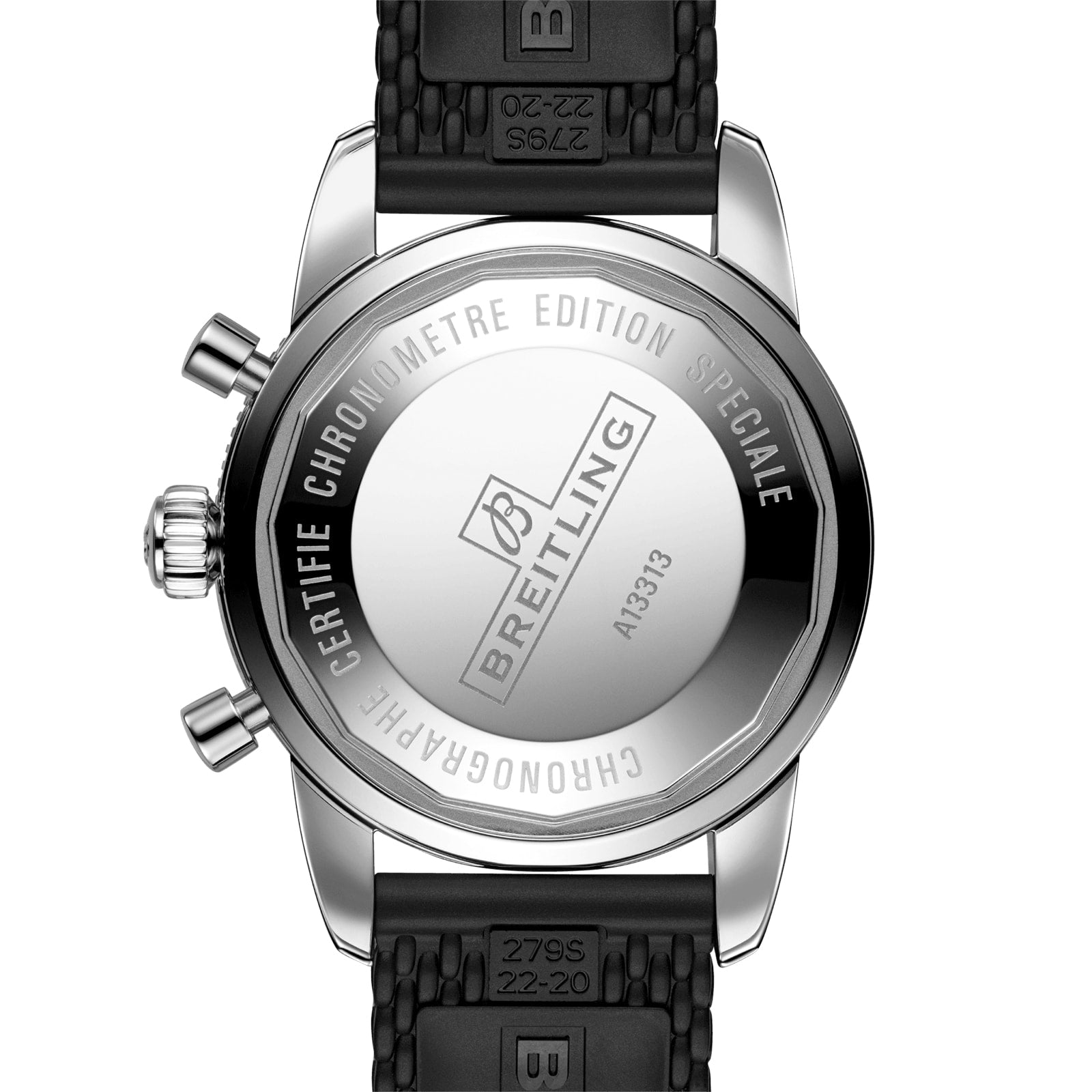 The back of the Breitling Superocean Heritage Chronograph 44 displays engraved text, model number A13313, and Certifie Chronometre Edition Speciale Chronographe, shown here with a black rubber strap and impressive water resistance.