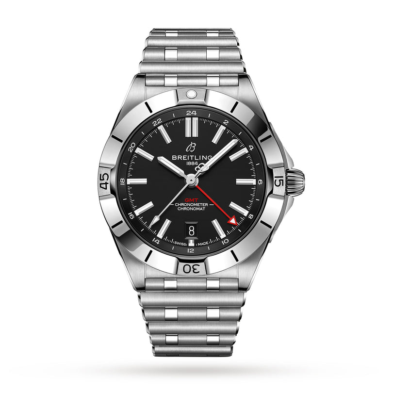 The Breitling Chronomat Automatic GMT 40 is a stainless steel wristwatch with a black dial, date display, silver bezel, red-tipped GMT hand, sturdy metal bracelet, and Breitling 32 calibre, shown on a plain white background.