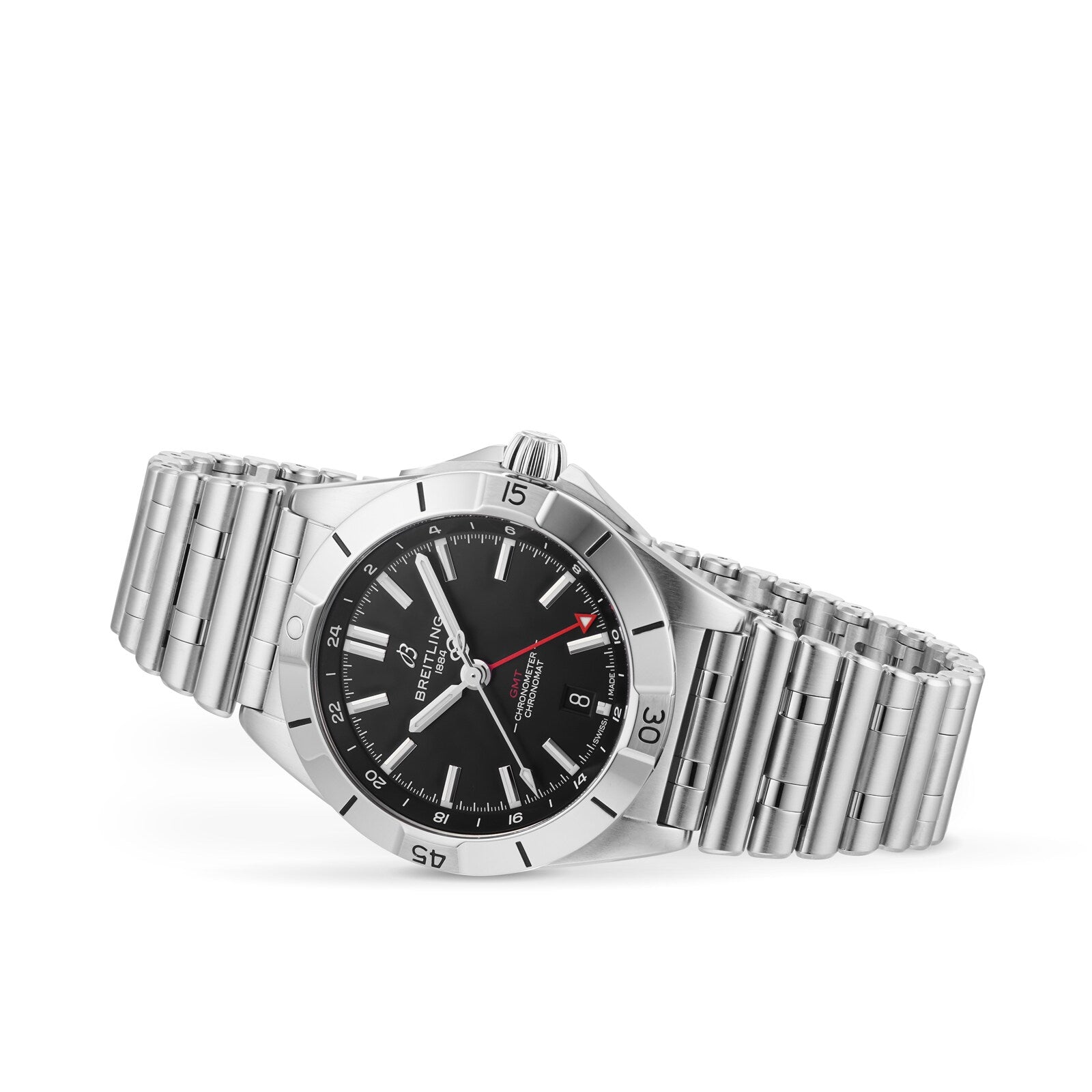 The Breitling Chronomat Automatic GMT 40 features a stainless steel case, black dial with date and red-tipped second hand, linked bracelet, and precise Breitling 32 calibre, shown angled on a white background.
