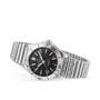 The Breitling Chronomat Automatic GMT 40 features a stainless steel case, black dial with date and red-tipped second hand, linked bracelet, and precise Breitling 32 calibre, shown angled on a white background.