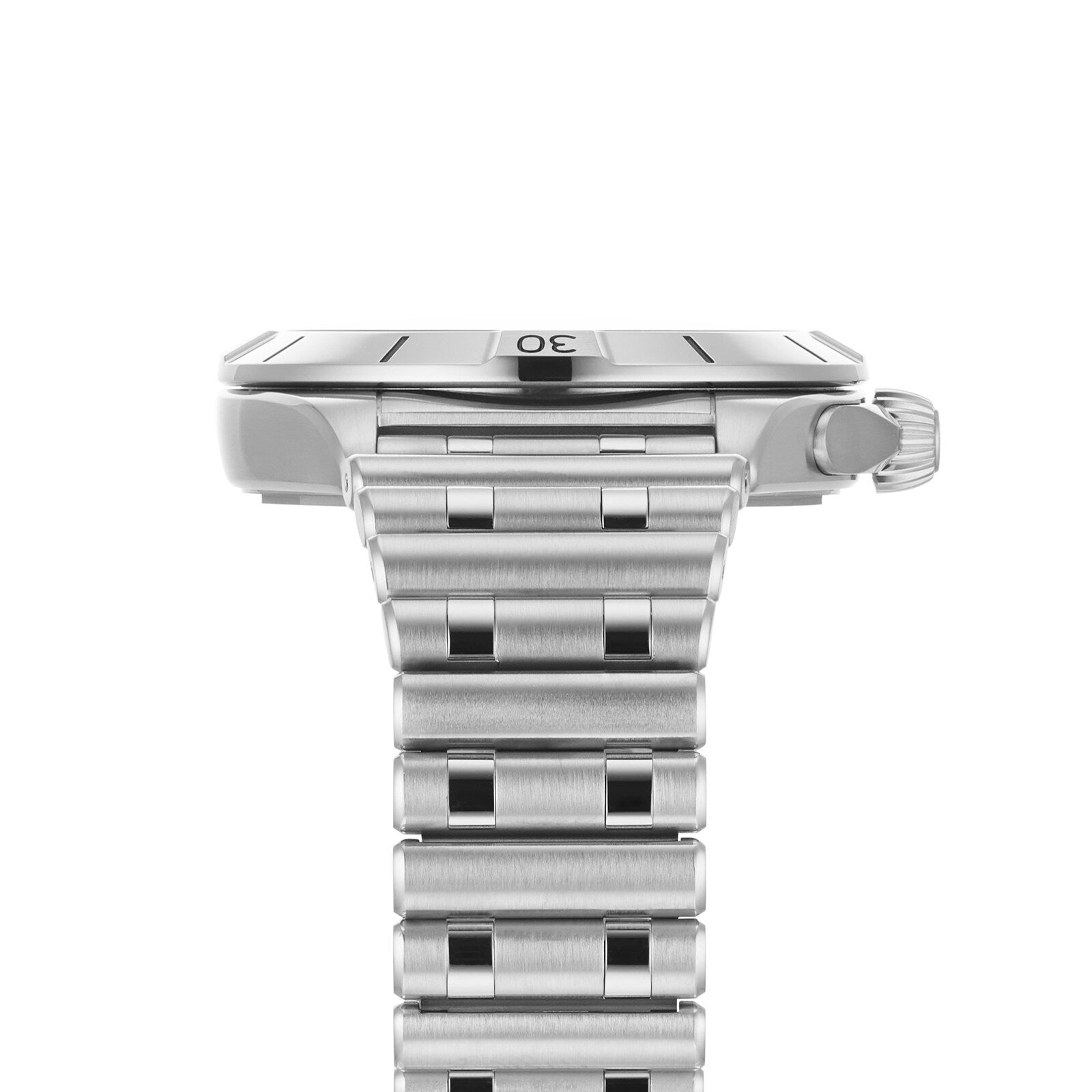 Close-up side view of the Breitling Chronomat Automatic GMT 40, a silver metal wristwatch featuring a visible crown, 30 marking on the bezel, and powered by the Breitling 32 calibre.