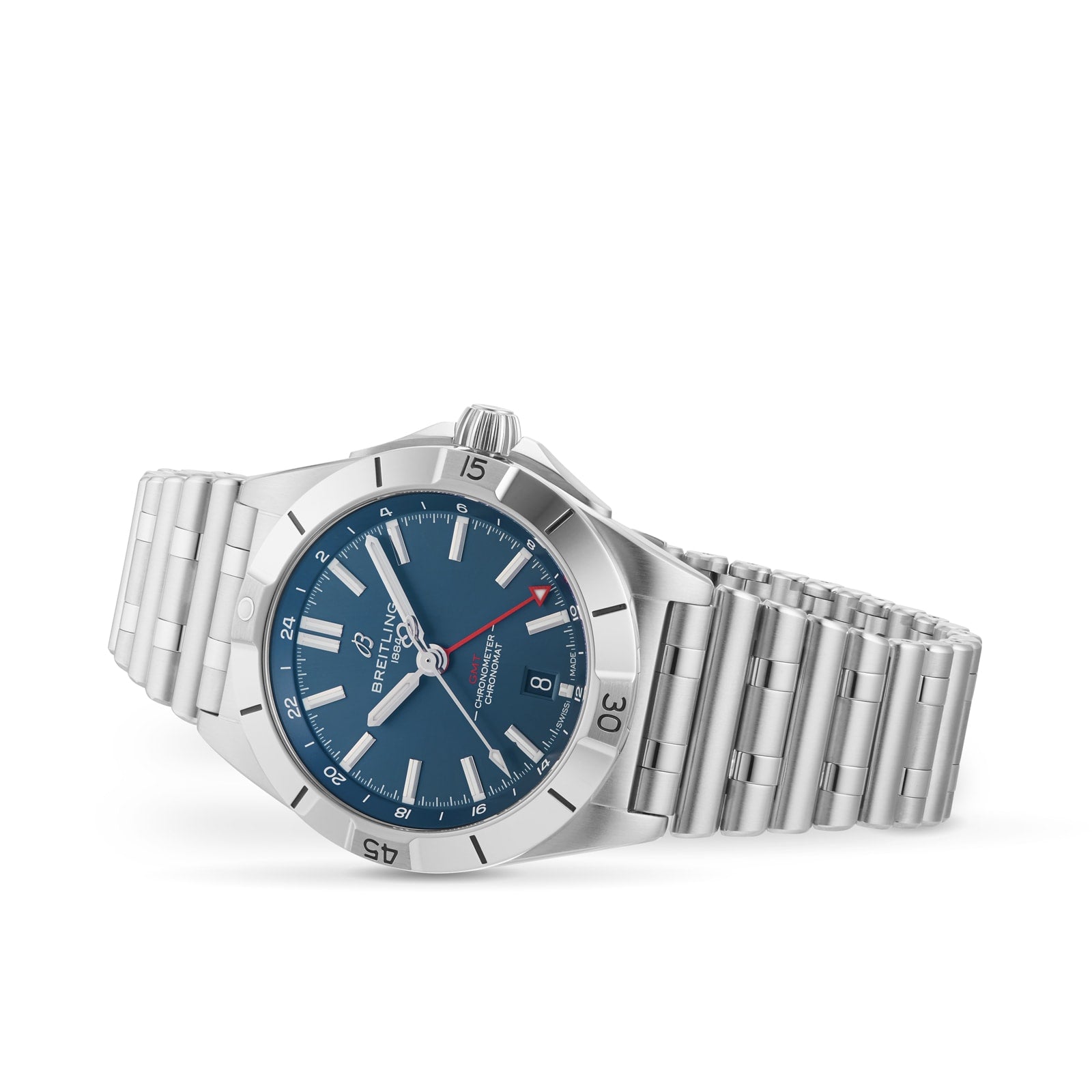 A Breitling Chronomat Automatic GMT 40 wristwatch in stainless steel with a blue dial, silver indices, date window at 6 oclock, silver metal bracelet, and precise Breitling movement, shown against a white background.