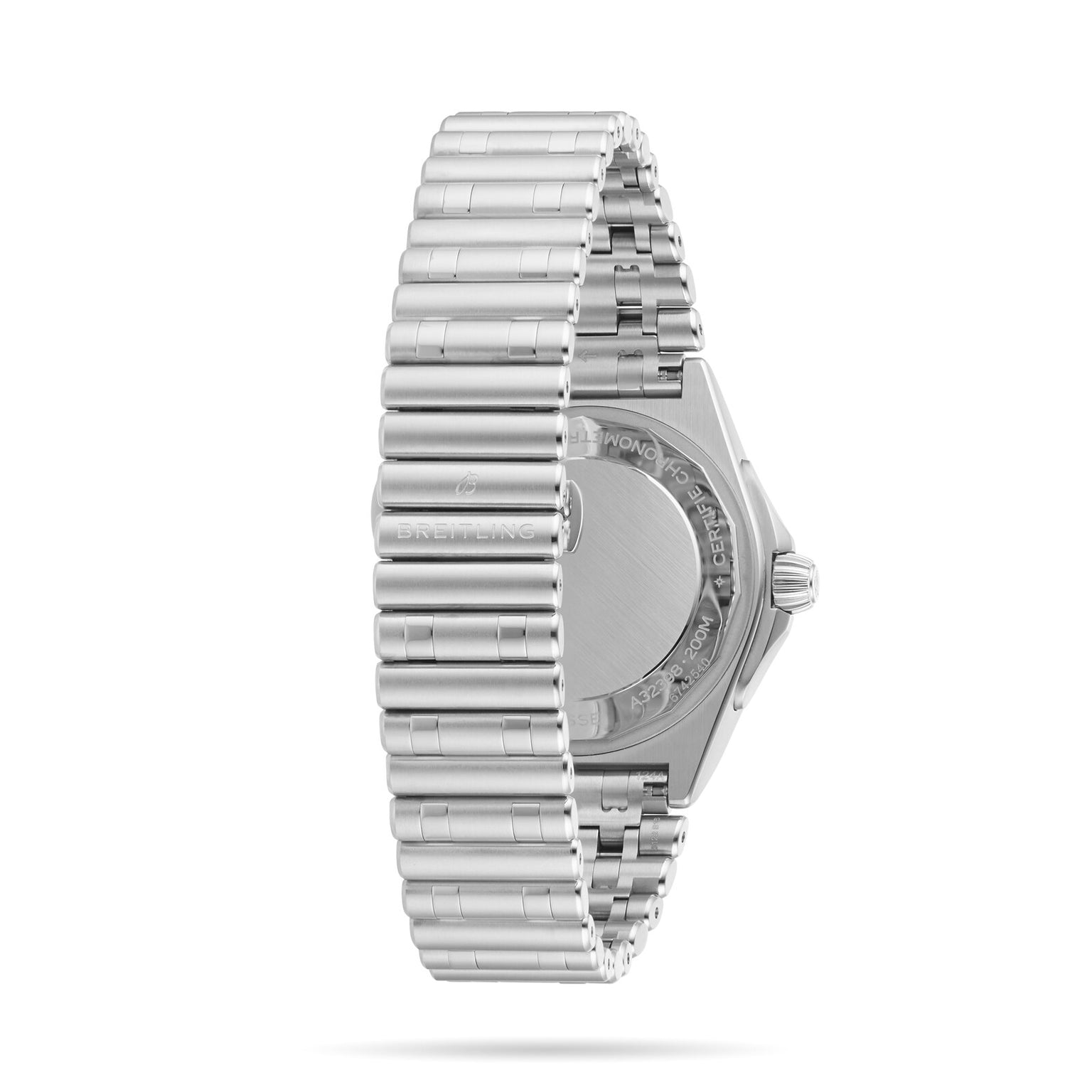 The Breitling Chronomat Automatic GMT 40 features a stainless steel linked bracelet and is shown from the back, highlighting the clasp and caseback details, powered by the precise Breitling 32 calibre.