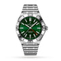 The Breitling Chronomat Automatic GMT 40 wristwatch features a stainless steel case, emerald dial, silver hour markers, date display at 6 o’clock, and a metal bracelet, displayed on a white background.