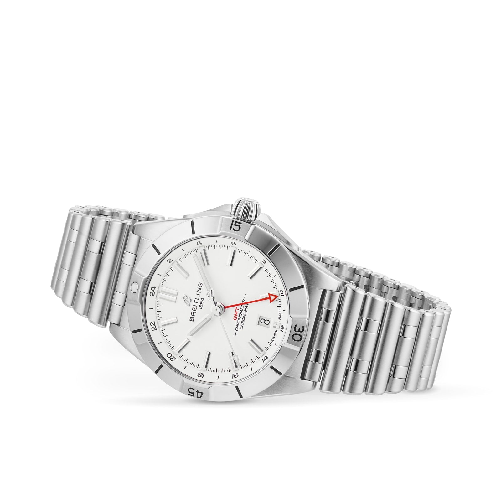 The Breitling Chronomat Automatic GMT 40 wristwatch features a stainless steel case, silver bracelet, white dial, date display, and a red-tipped GMT hand, shown at an angle on a white background.