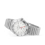 The Breitling Chronomat Automatic GMT 40 wristwatch features a stainless steel case, silver bracelet, white dial, date display, and a red-tipped GMT hand, shown at an angle on a white background.