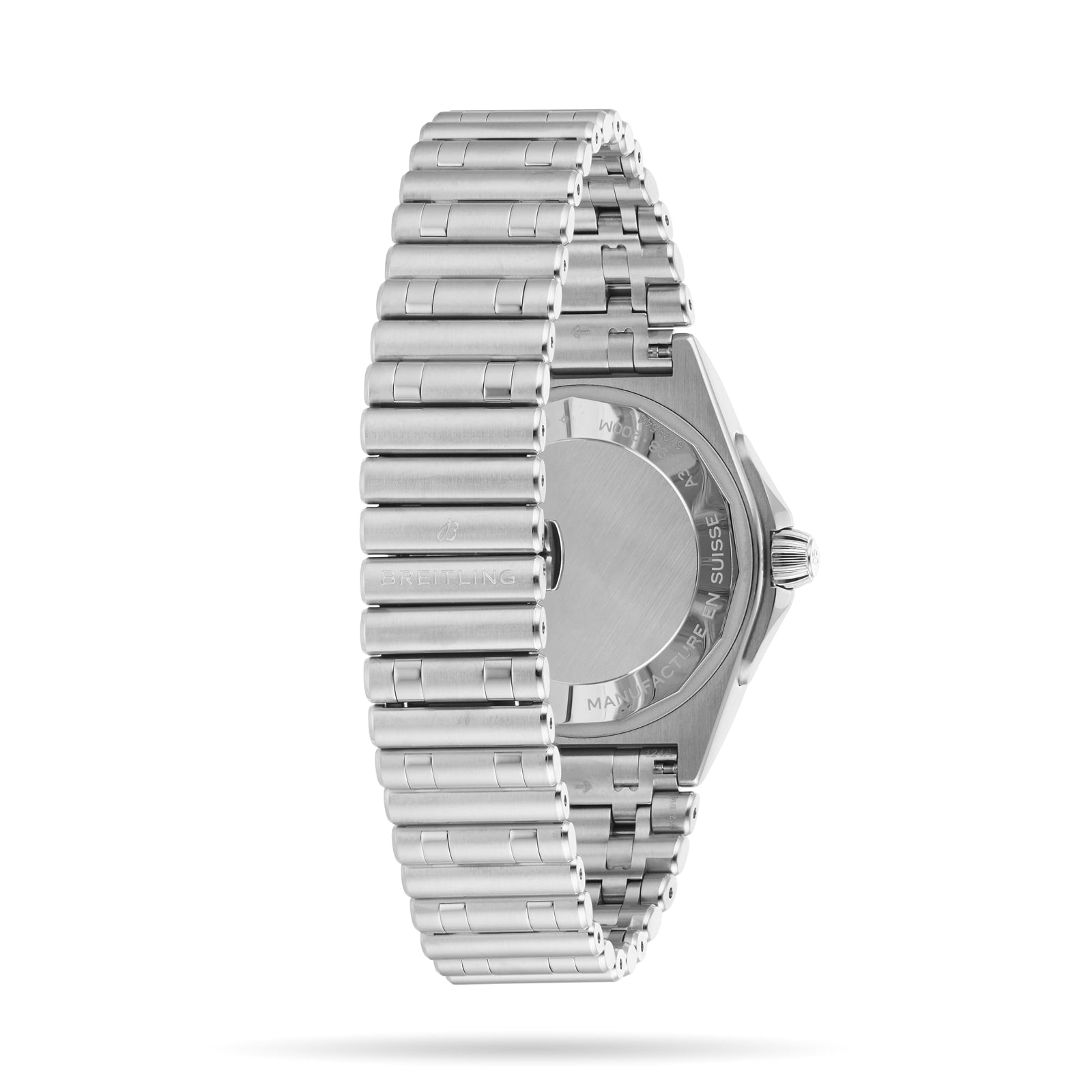 Breitling Chronomat Automatic GMT 40 stainless steel watch with metal link bracelet, shown from the back to display the case back and clasp against a white background. Inspired by the precision of Breitling.