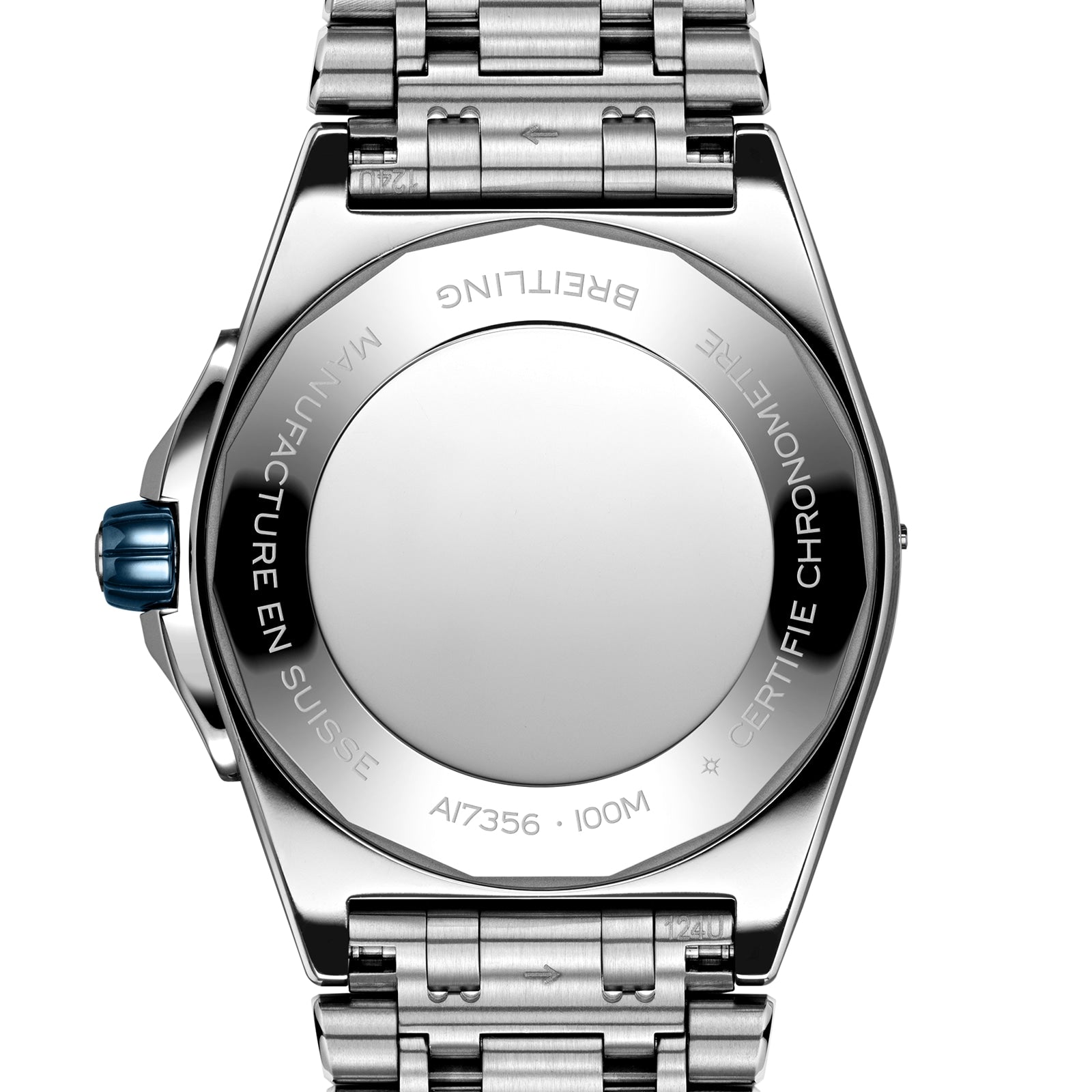 The back of the Breitling Super Chronomat Automatic 38 stainless steel watch features engravings like “Manufacture en Suisse,” “Certifie Chronometre,” and houses the precise Breitling 17 calibre.