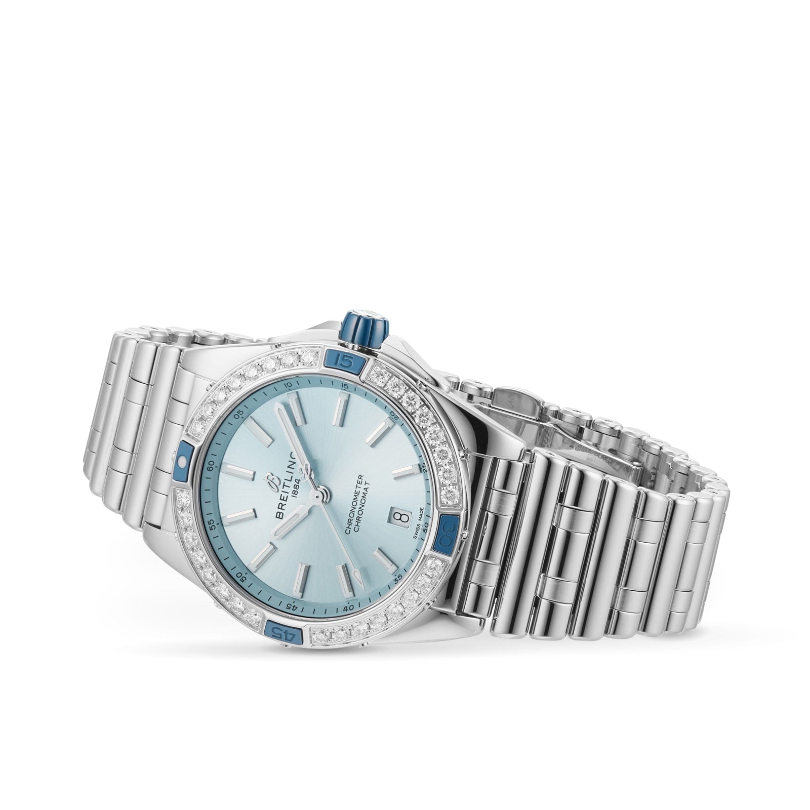 A silver Breitling Super Chronomat Automatic 38 with a blue dial, diamond-set bezel, date display, and stainless steel bracelet, powered by the Breitling 17 calibre, shown on a white background.