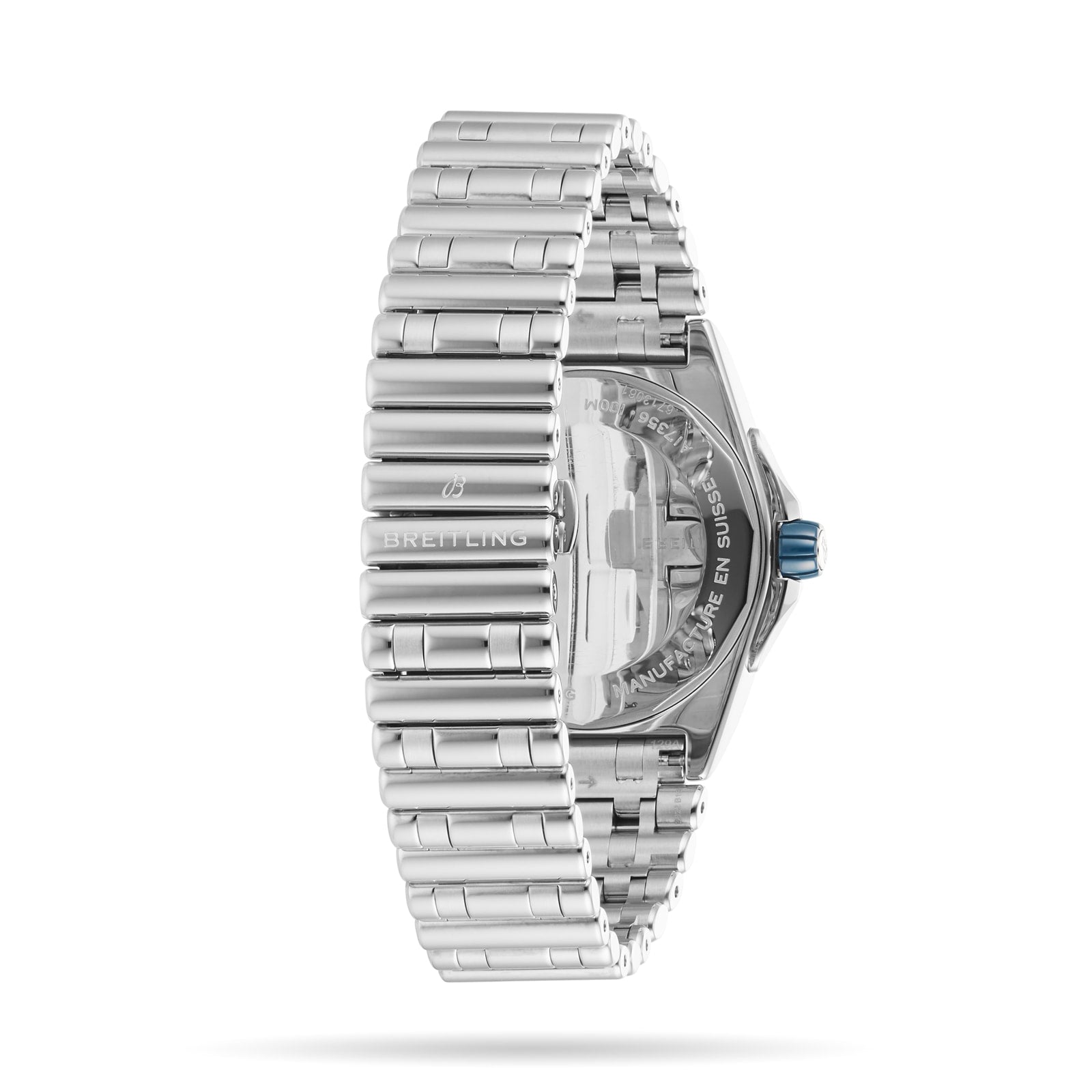 The Breitling Super Chronomat Automatic 38, a stainless steel wristwatch, is shown from the side to highlight its chunky link bracelet and part of the transparent case back.