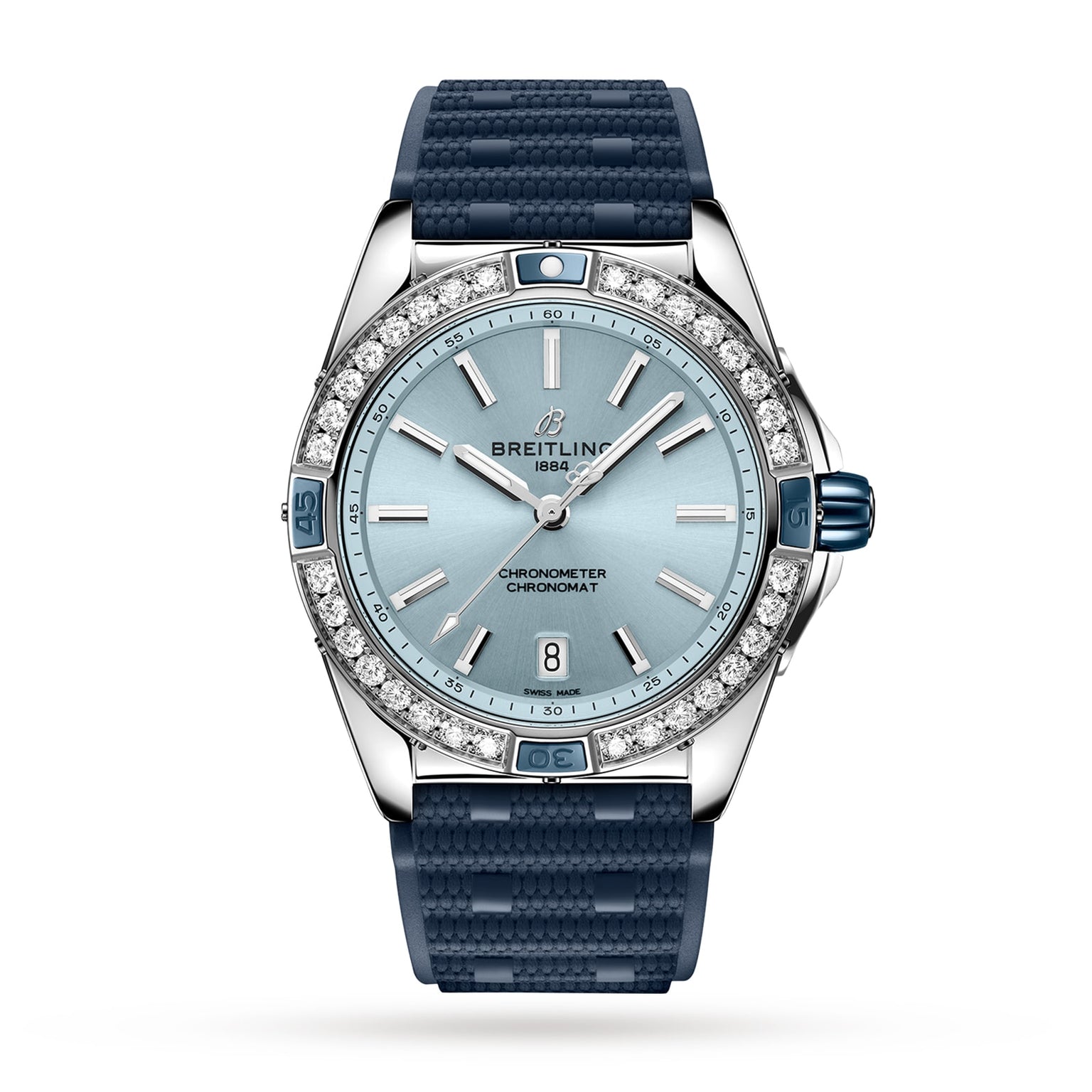 A Breitling Super Chronomat Automatic 38 with an ice blue dial, diamond-set bezel, and blue textured strap is elegantly displayed against a white background.