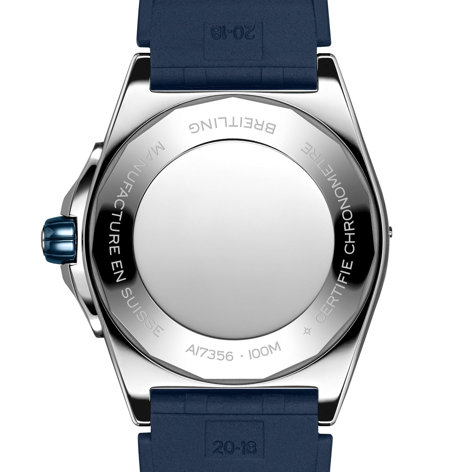 Back view of the Breitling Super Chronomat Automatic 38, featuring a stainless steel case, blue crown and strap, engraved markings, and reflections of its ice blue dial and diamond-set bezel in the detailed design.