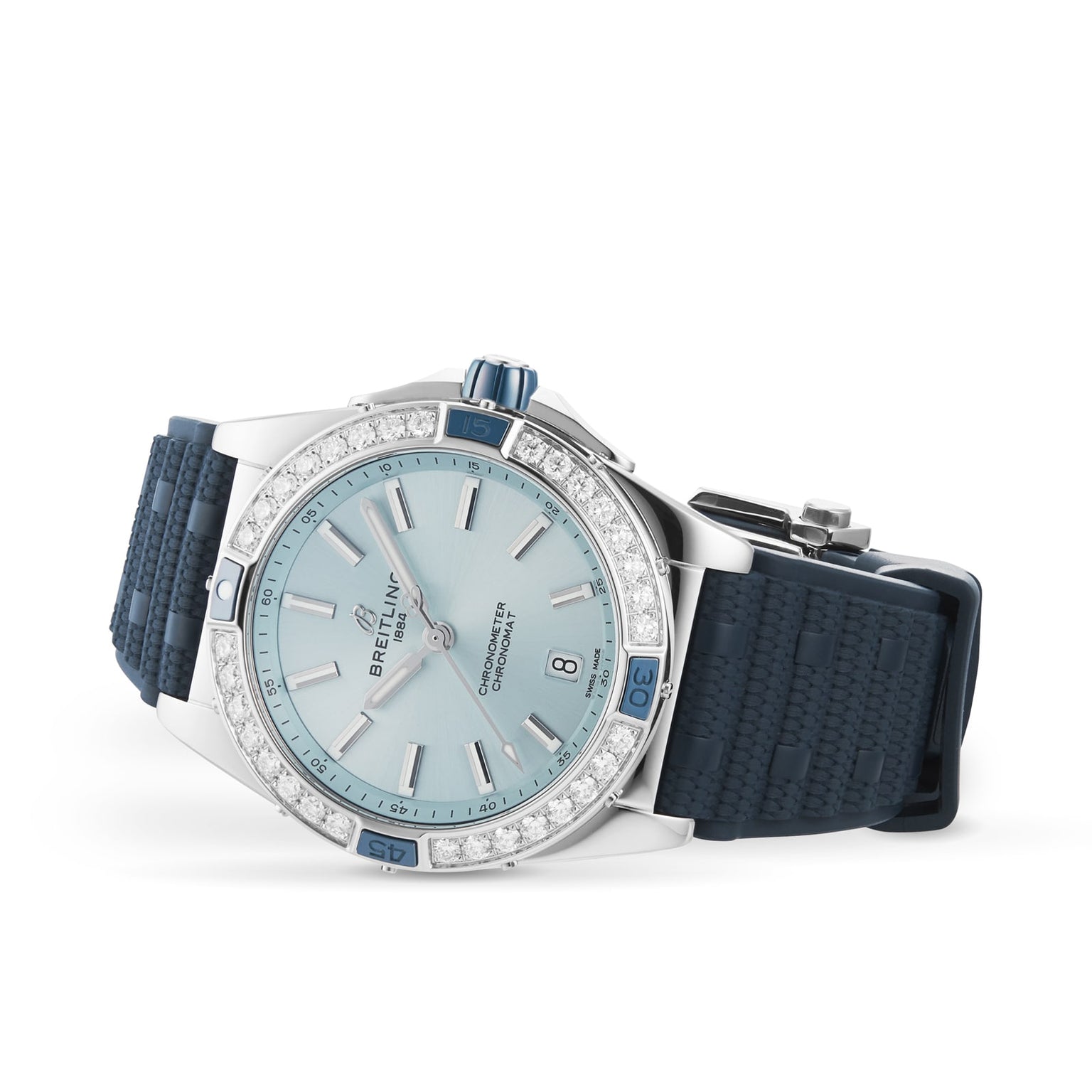 A Breitling Super Chronomat Automatic 38 stainless steel watch features an ice blue dial, diamond-set bezel, date display, and blue textured strap, shown against a white background.