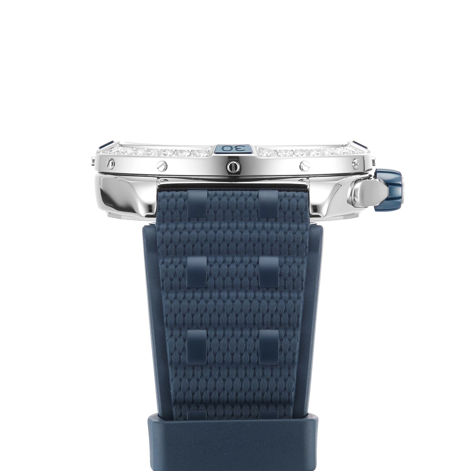 Side view of the Breitling Super Chronomat Automatic 38 wristwatch with a blue textured strap and crown, ice blue dial, and a diamond-set bezel featuring a row of small diamonds.