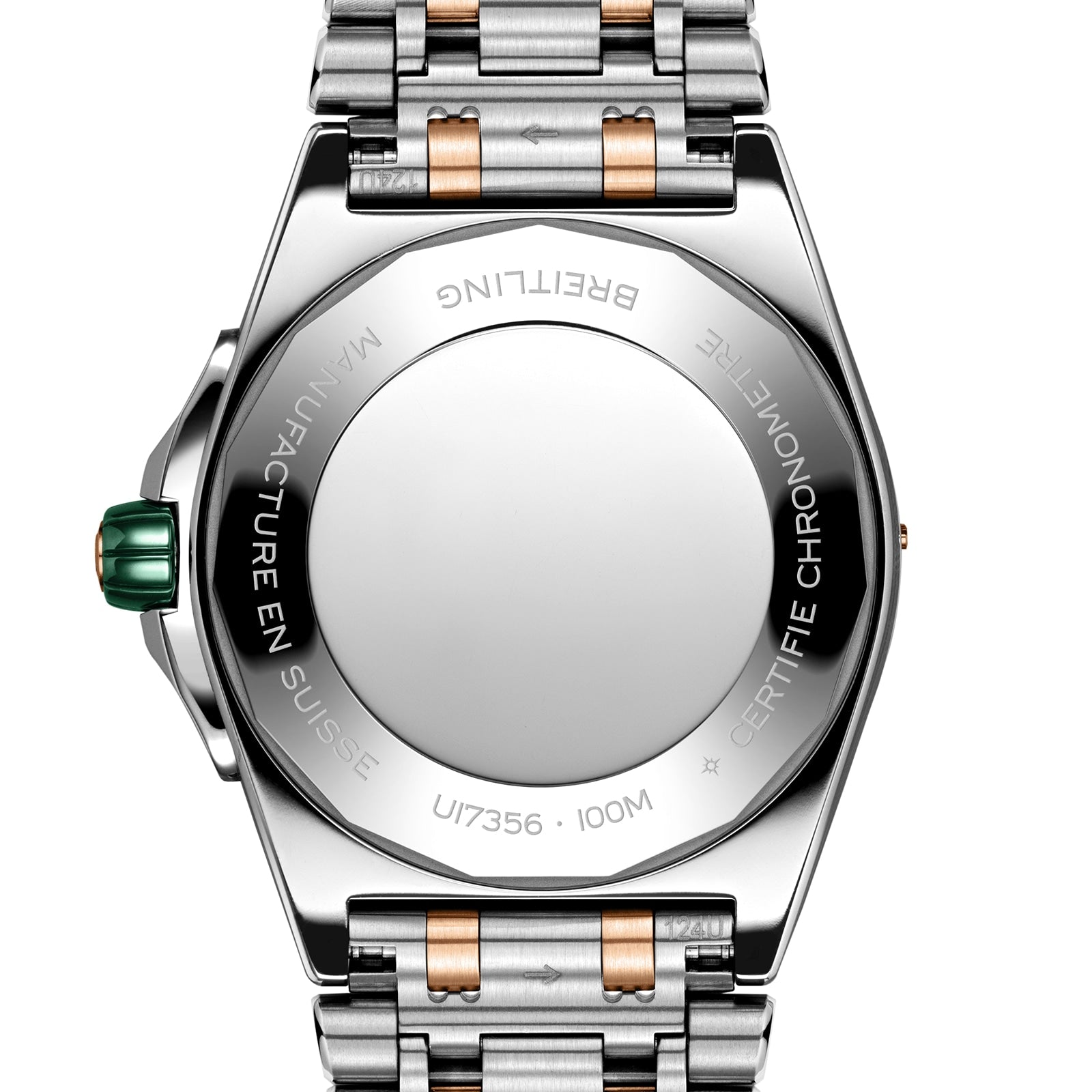 Close-up of the back of the Breitling Super Chronomat Automatic 38, featuring a chronometer-certified stainless steel and gold-tone bracelet, engraved text, green crown, and a rose gold and stainless steel case.