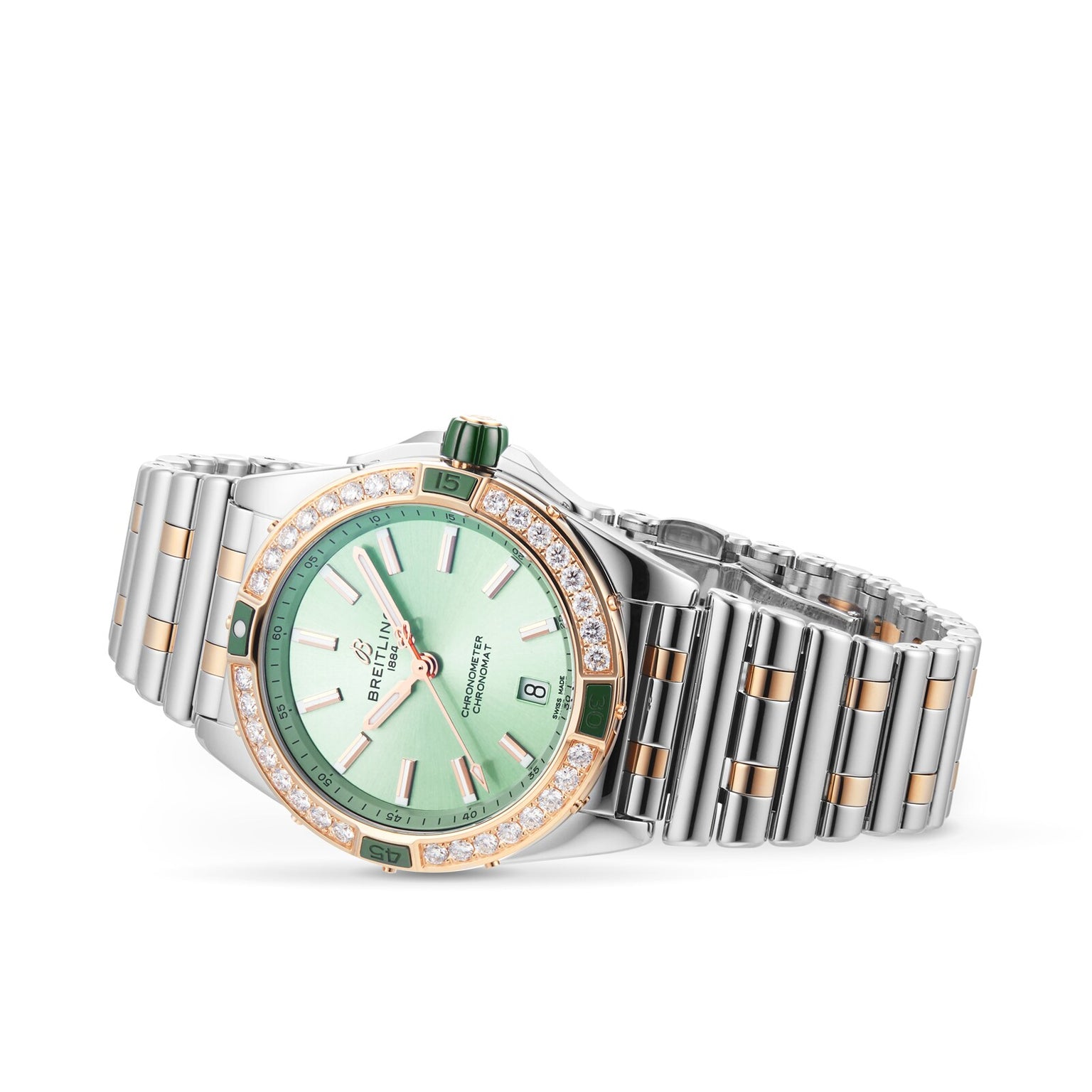 The Breitling Super Chronomat Automatic 38 is a luxury wristwatch featuring a green dial, date display, diamond-set bezel, and a two-tone rose gold and stainless steel case.