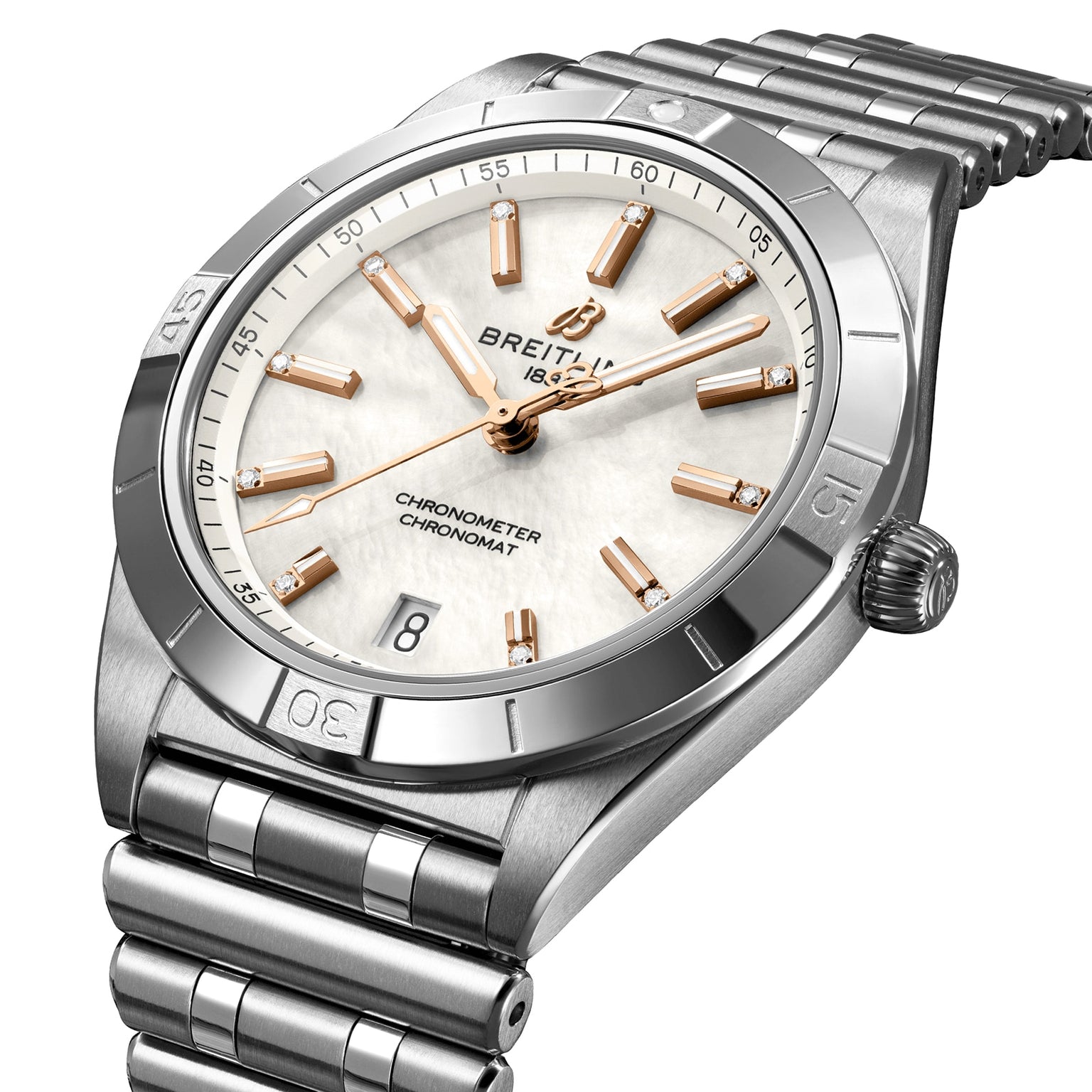 The Breitling Chronomat Automatic 36 features a stainless steel case and bracelet, white dial with diamond indexes, and a date window at 6 o’clock.