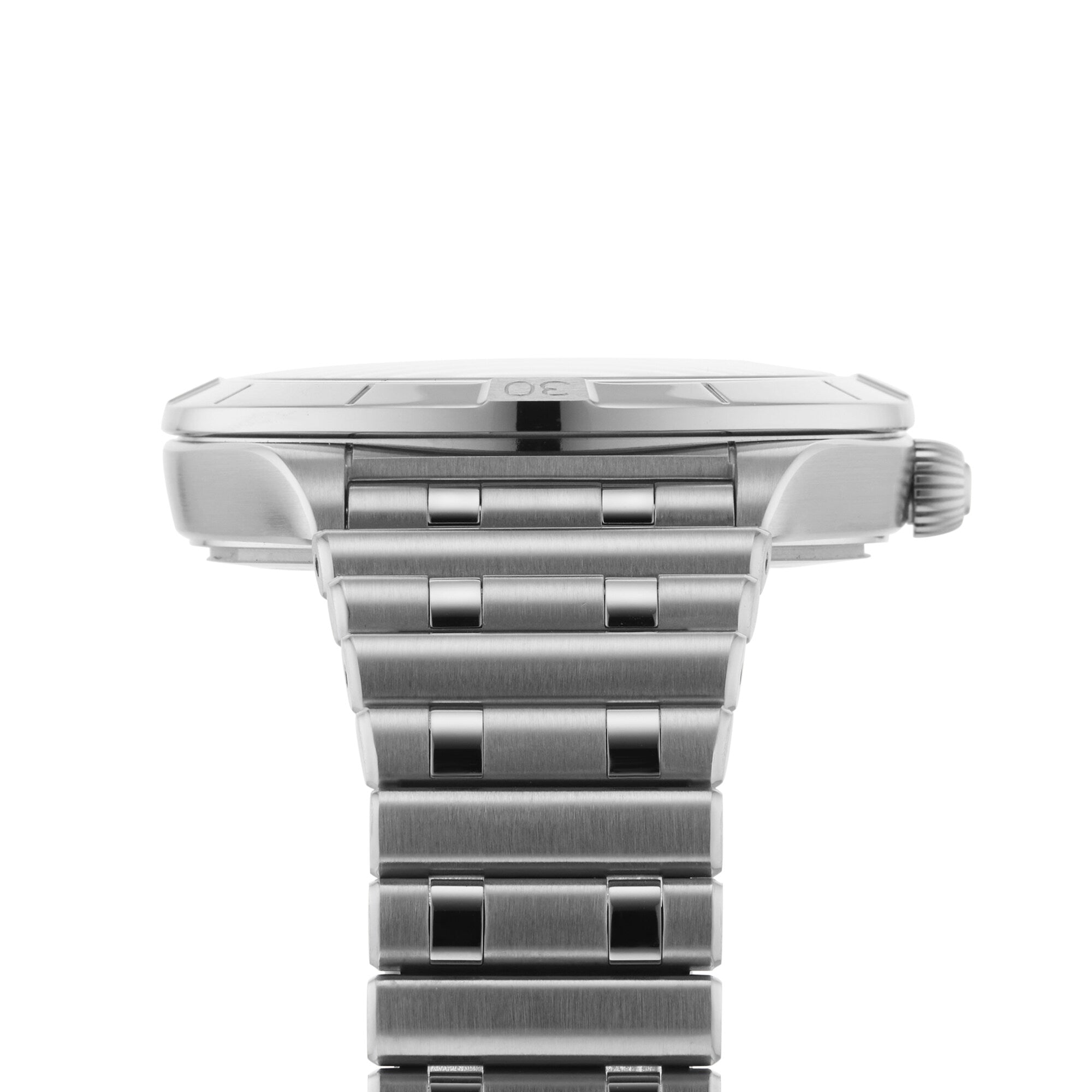 A close-up side view of the Breitling Chronomat Automatic 36 wristwatch with a stainless steel bracelet and visible crown, set against a white background.