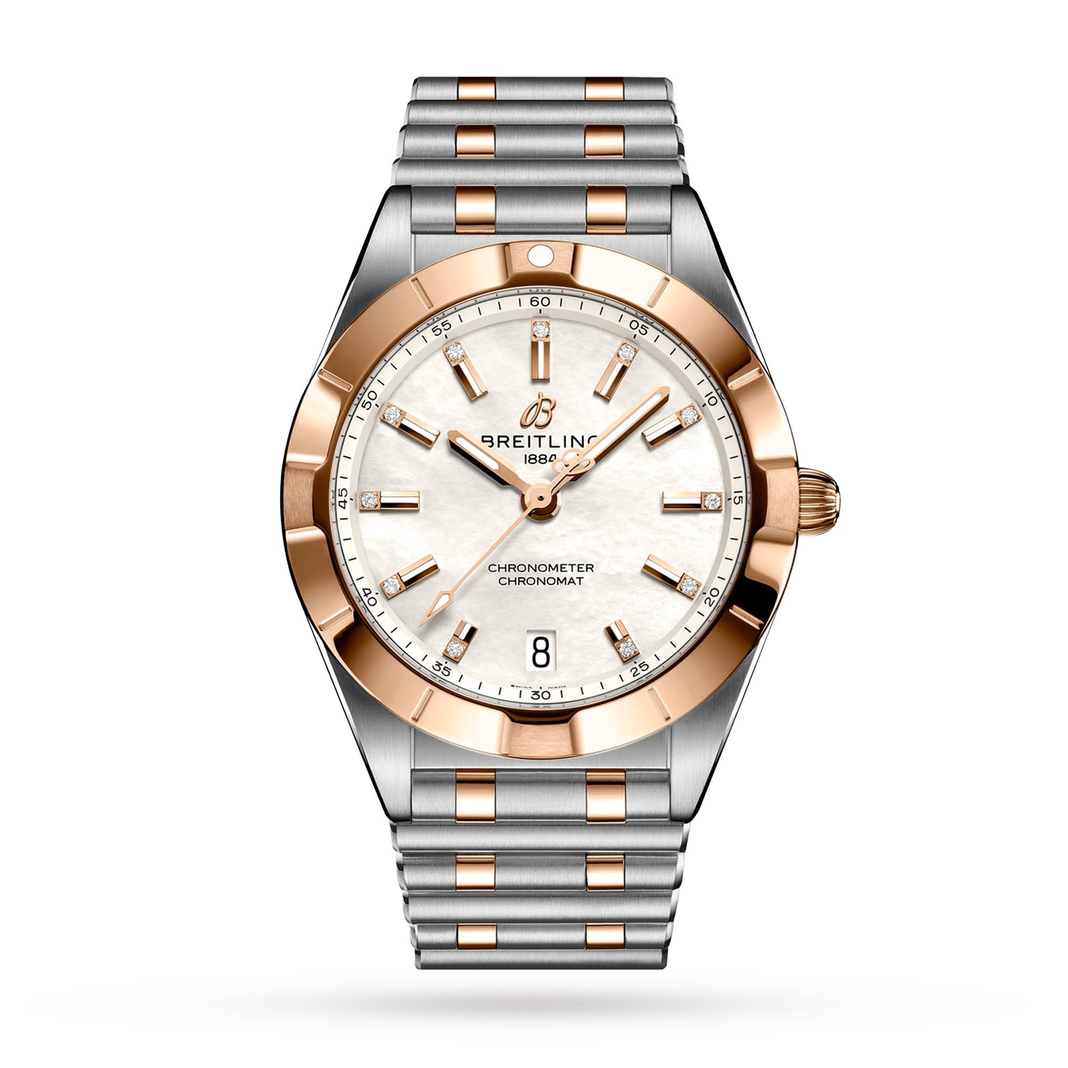 The Breitling Chronomat 32 features a silver and rose gold bracelet, white dial, gold hour markers, date display at 6 o’clock, and the Breitling logo under 12—showcasing the brand’s signature brilliance.