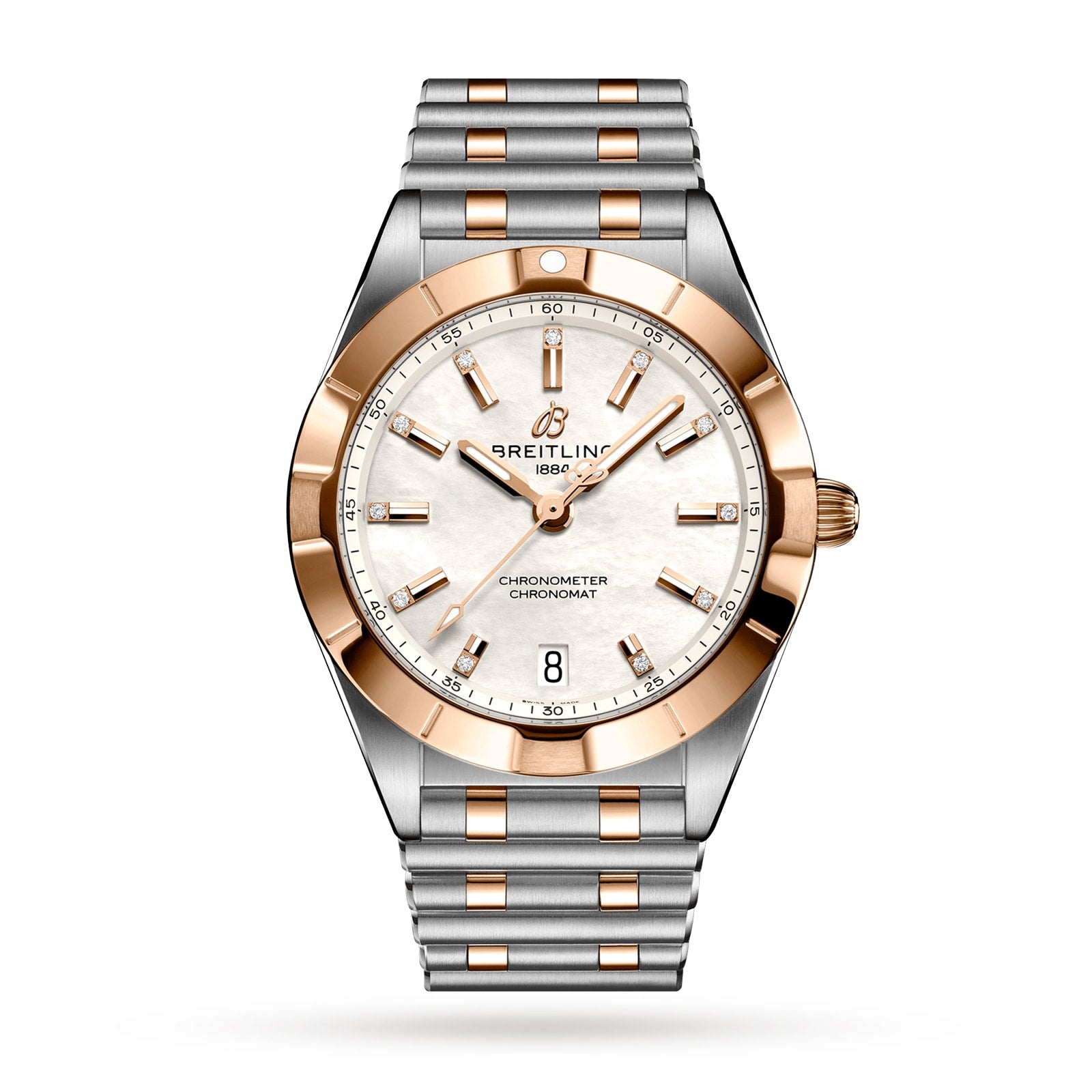 The Breitling Chronomat 32 features a silver and rose gold bracelet, white dial, gold hour markers, date display at 6 o’clock, and the Breitling logo under 12—showcasing the brand’s signature brilliance.