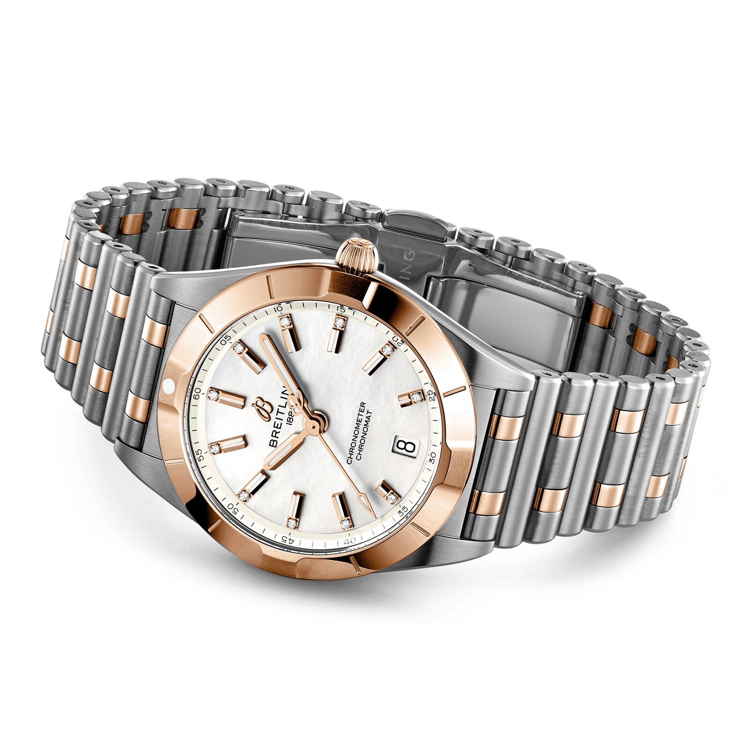The Breitling Chronomat 32, in silver and rose gold, features a white dial, date display, and metal link bracelet. Shown elegantly on a white background.