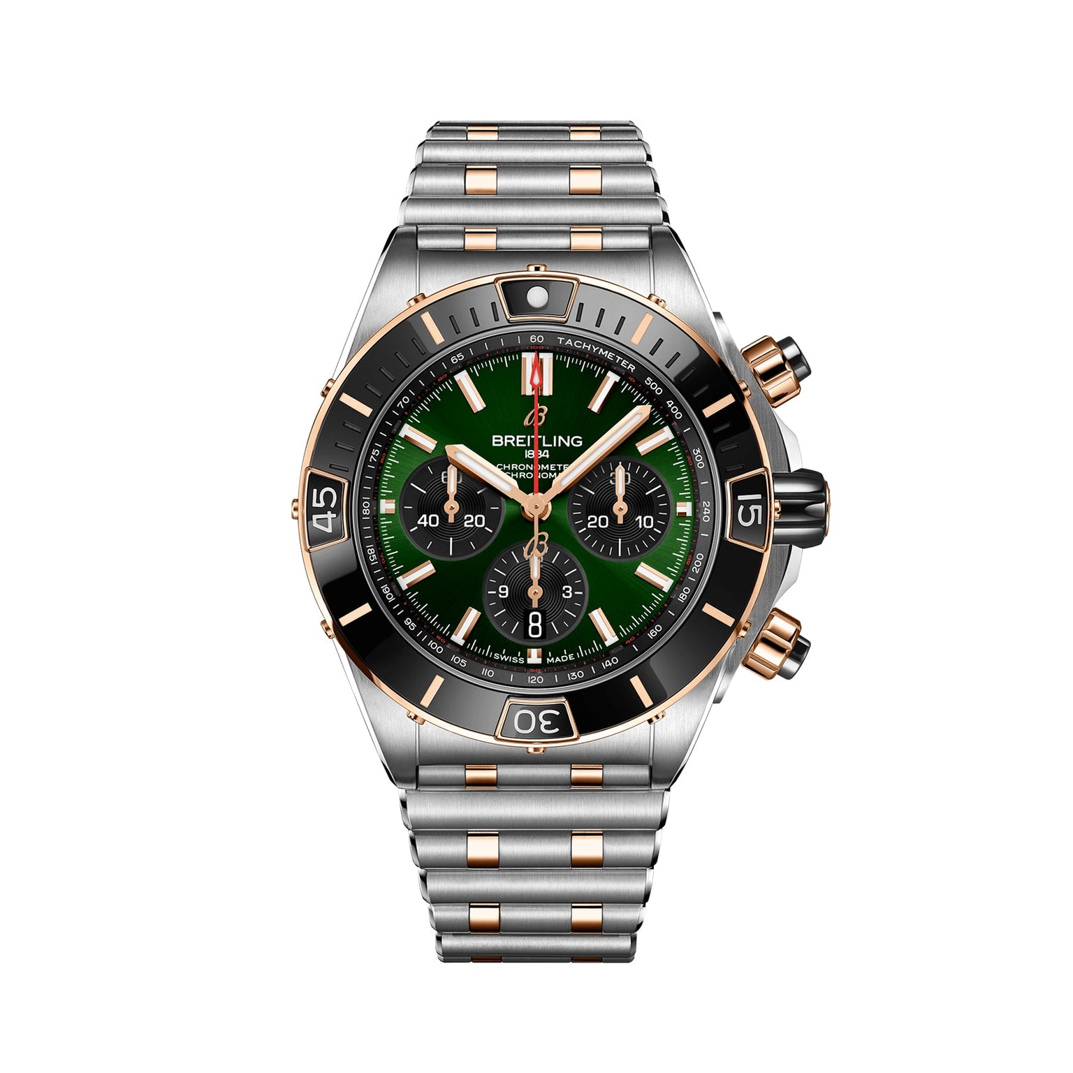 A Breitling Super Chronomat B01 44 chronograph wristwatch in stainless steel and gold features an emerald dial, black bezel, and metal link bracelet, displayed against a white background.