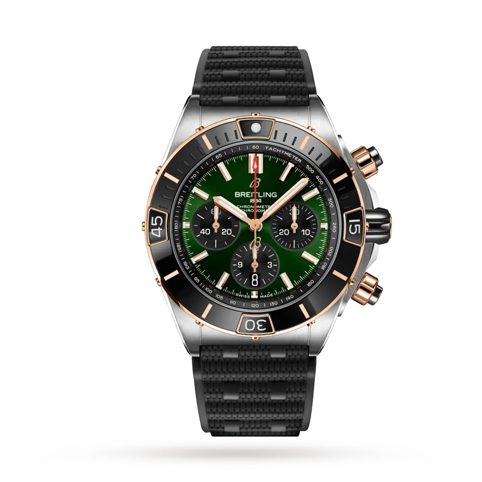 The Breitling Super Chronomat B01 44 features a green and black dial, black bezel, gold accents, three subdials powered by the Breitling 01 calibre, and a black textured strap, shown on a white background.