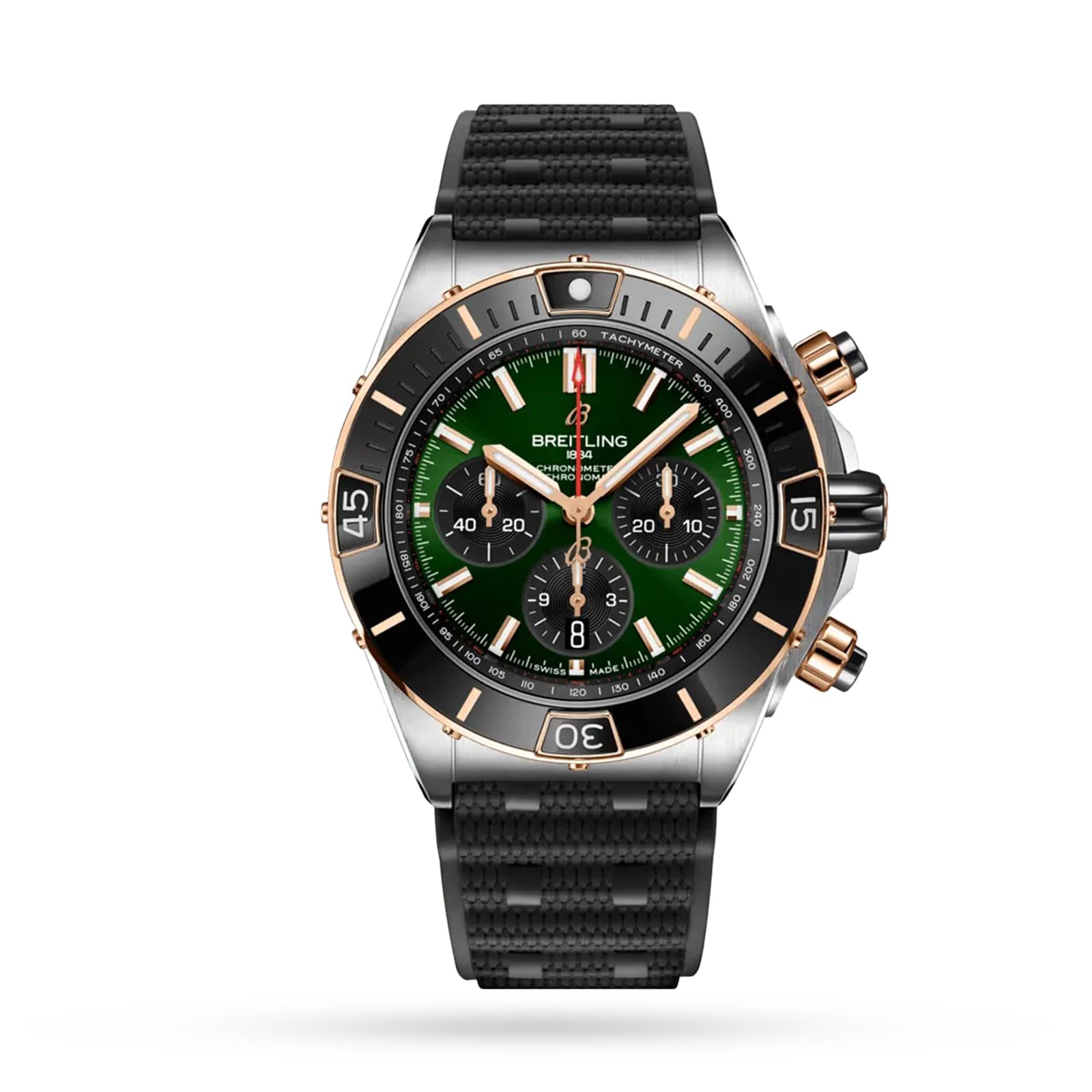 The Breitling Super Chronomat B01 44 features a green and black dial, black bezel, gold accents, three subdials powered by the Breitling 01 calibre, and a black textured strap, shown on a white background.