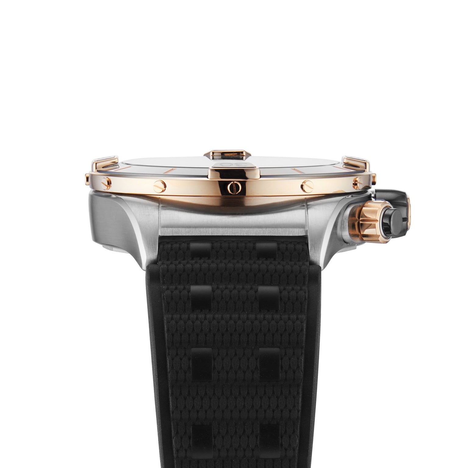 Side view of the Breitling Super Chronomat B01 44 wristwatch, featuring a two-tone metal case with gold accents and a textured black rubber strap.